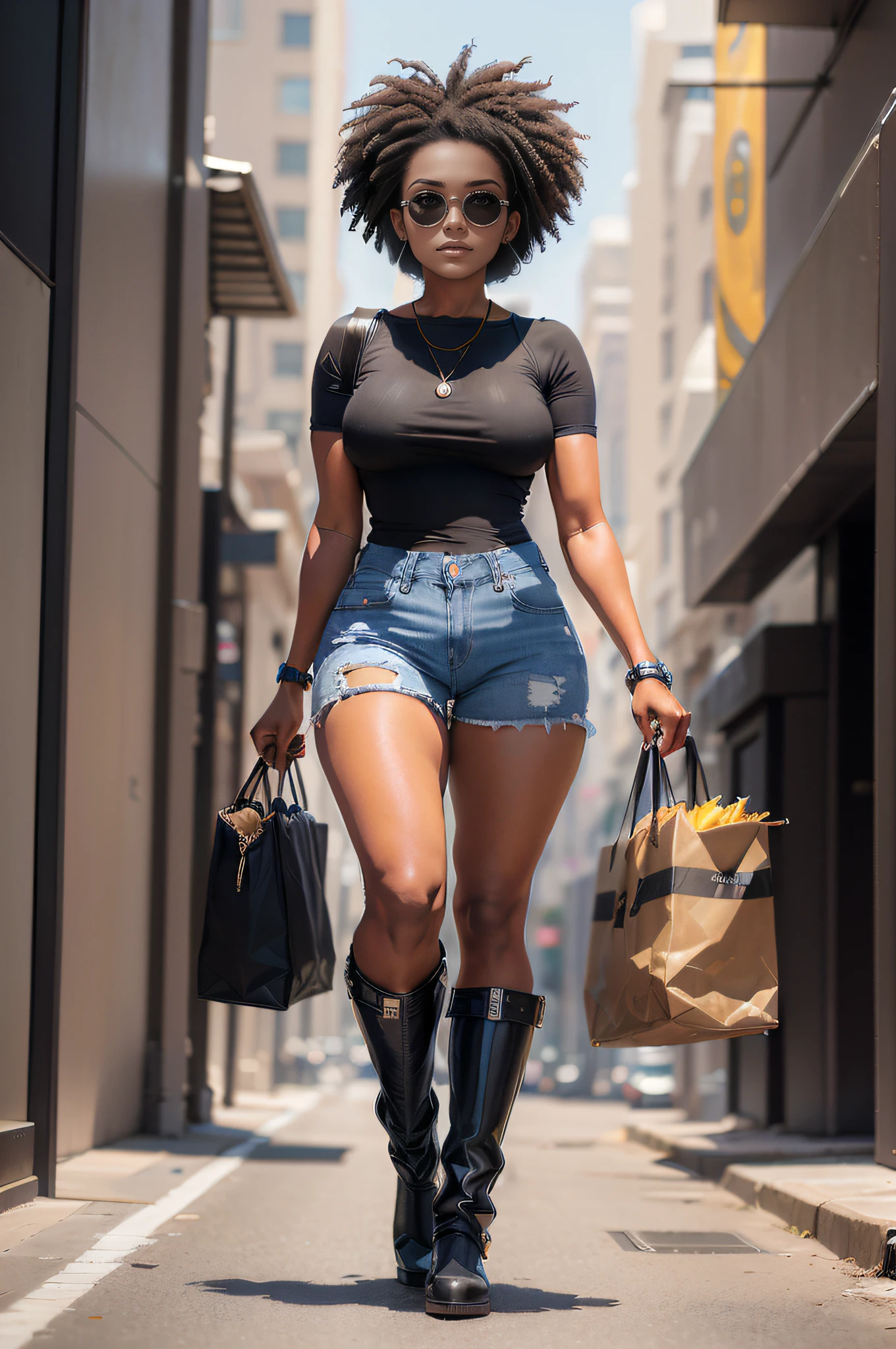 (style naturel, jean brut, avec des lunettes noires) ET (tatouages sur les avant-bras) | Futuristic city scene | (jeune femme mince) portant un sac Louis Vuitton.