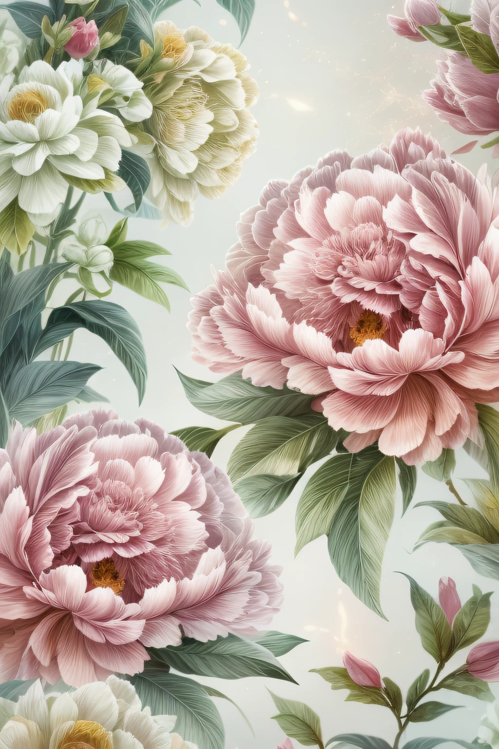 （China - chic peony flowers，Oriental elements），（China - Fashion illustration：1.5，Vector painting：1.5），（Chinese colors，senior color matching，gradient backgrounds，white backgrounid），（The is very detailed，reasonable design，Clear lines，High- sharpness，best qualtiy，tmasterpiece，offcial art，movie light effect，4K）