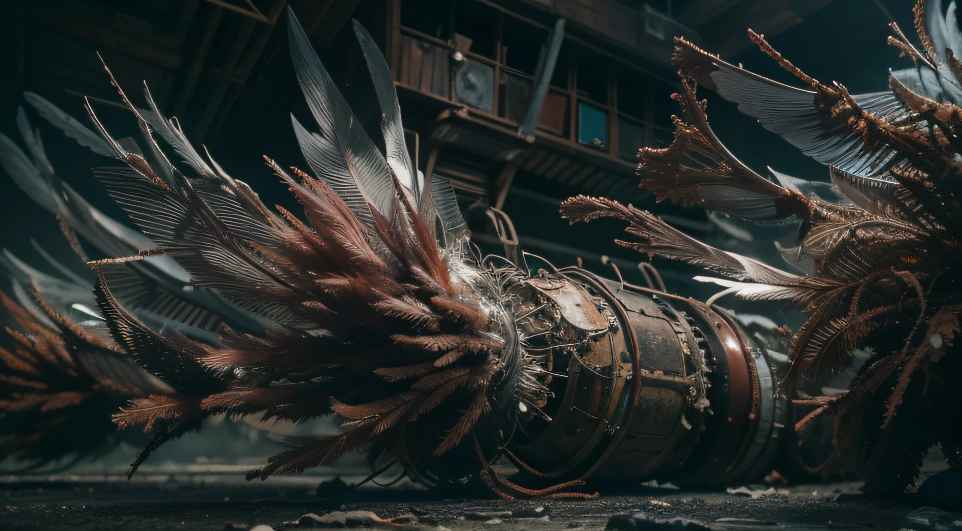 a heavily distorted, dim bounced light barren void, multiple sea creatures comprised of contorted feathers/machinery/pipes/rusted components is floating in the air, amorphous dark material is being warped and torn into remnants, extra detail, 4kHD details, best resolution, surrealistic composition, extreme view angle, motion blur, depth of field, foreshortening, tilted view angle, cinematic lighting, movie scene, precise details, intense details, panoramic image, image within image