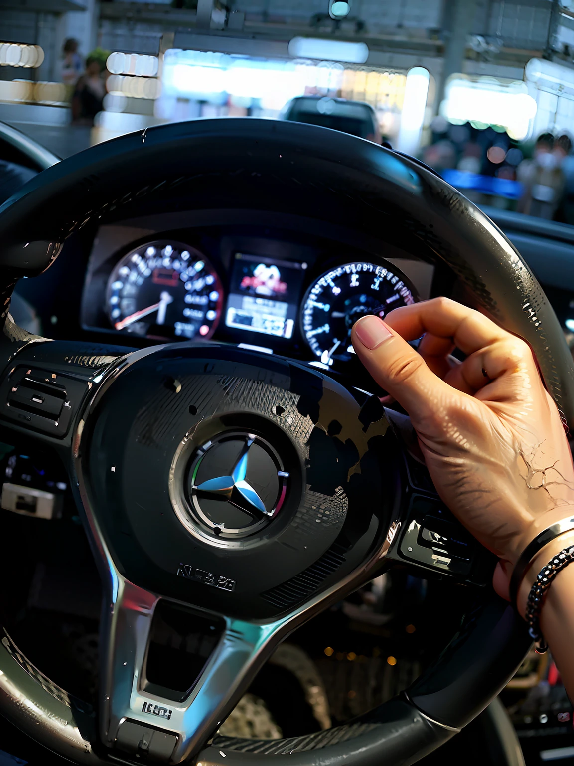 Someone is holding a steering wheel with one hand on it, left - hand drive, Mercedez Benz, dirigindo um carro, driving, Mercedes, preciso e detalhado, dentro de um carro, driving fast, luz da chave do lado direito, Diy, tirado no iphone 14 pro, volante, trabalho profissional, Single steering wheel, discreto, Tiro com iPhone 1 0