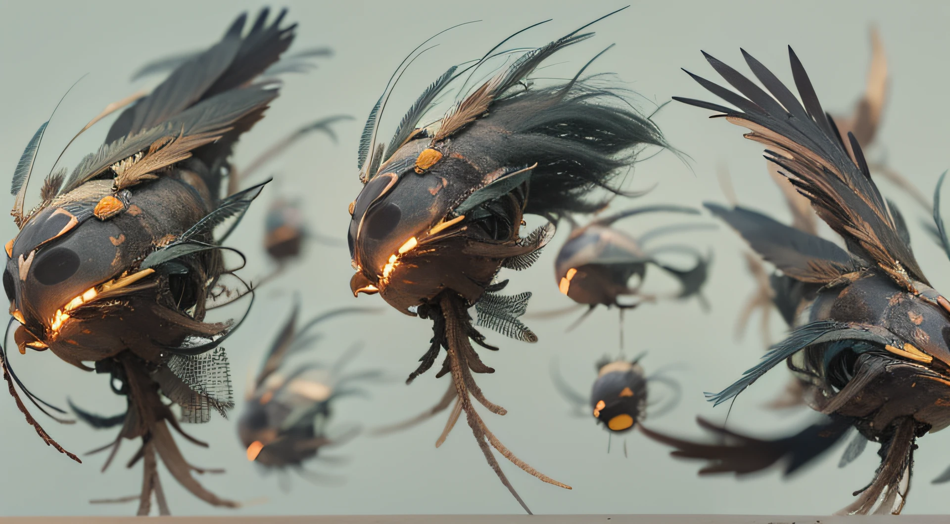 a heavily distorted, dim bounced light barren void, multiple sea creatures comprised of contorted feathers/machinery/pipes/rusted components is floating in the air, amorphous dark material is being warped and torn into remnants, extra detail, 4kHD details, best resolution, surrealistic composition, extreme view angle, motion blur, depth of field, foreshortening, tilted view angle, cinematic lighting, movie scene, precise details, intense details, panoramic image, image within image