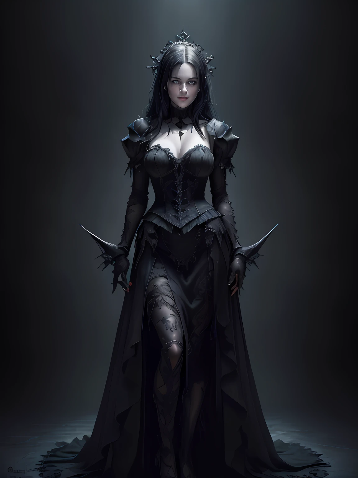 (masterpiece, best quality:1.4), (dark castle background), (full body), (wide shot), (standing:1.2), 1girl, solo, (european youth:1), GothicPunkAI dress on woman, black hair, ligh blue eyes, beautiful face, highly detailed face, highly detailed skin, skin pores, subsurface scattering, realistic pupils, medium breast, full face blush, full lips, detailed background, depth of field, volumetric lighting, sharp focus, absurdres, realistic proportions, good anatomy, (realistic, hyperrealistic:1.4), 16k hdr,