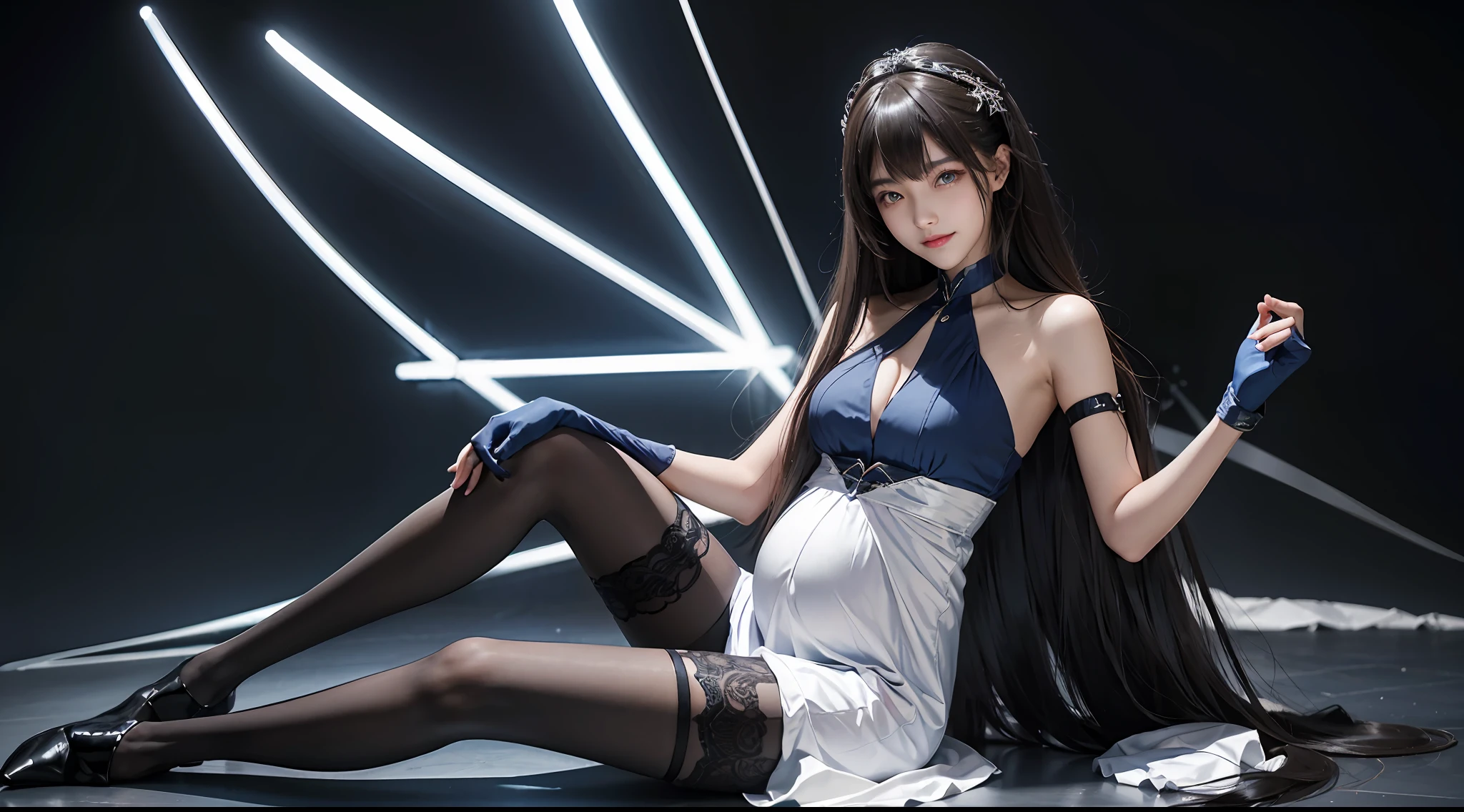 tmasterpiece, 1 beutiful girl, Detailed eyes, Swollen eyes, Best quality at best, 超A high resolution, (Realistis: 1.4), RAW photogr, cinmatic lighting, ssmile, jpn, a asian beauty, Korea, Ren, Super beautiful, Small young face, Beautiful skins, busty figure, cyber punk perssonage(hyper realisitc), (illustratio), (A high resolution), (8K), (The is very detailed), (Most Best Illustration), (ultra-detailliert), (the wallpaper), (详细的脸), audience looking, finely detailled, deep shading, low tune, pureerosfaceace_V1, happy grin, long whitr hair, hair straight, 46-point diagonal bangs,(Pregnant abdomen:0.95),Pantyhose,tempting pose,full body shot shot,Wedding dress,Stocking gloves