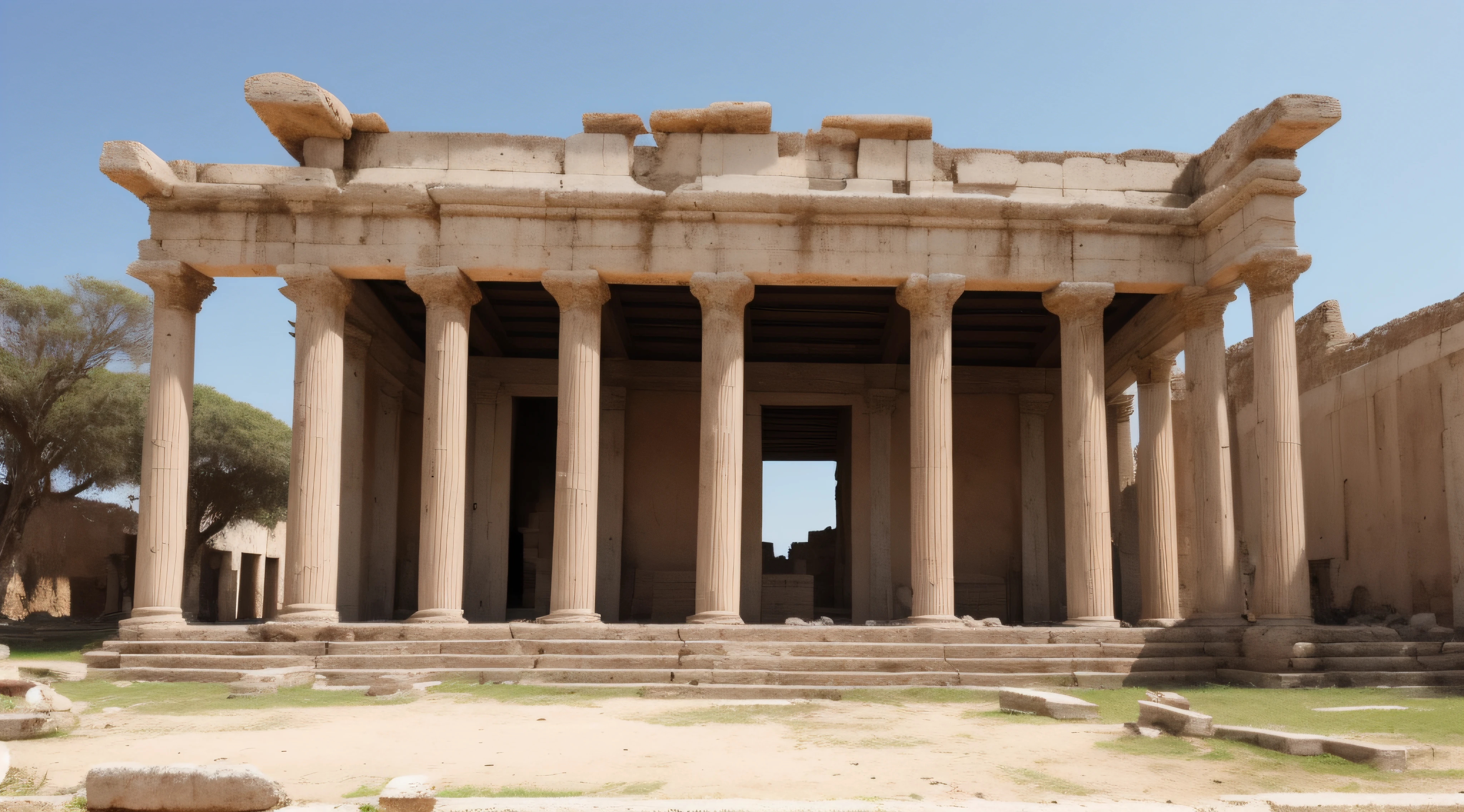 um templo de paz antigo, little destroyed, Roman aesthetics, natureza no fundo, detalhado, realista