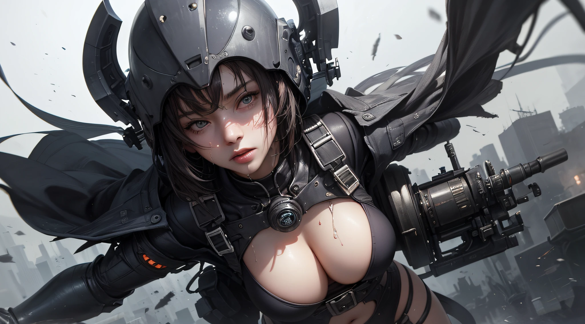Losing portrait of woman in wetsuit with big gun, smooth digital concept art, an oppai cyberpunk, glossy wet skin!!, biomechanical oppai, Painted in high resolution, wet shiny skin, 8k high quality detailed art, [ 4 k digital art ]!!, Very detailed ArtGerm, rendered in sfm, fanart best artstation(Very cute woman gets futuristic cyberpunk hotel bodysuit completely torn sexy、Perfect body-wide coverage))。Afro Curly Black Medium Length Hair、a picture、​masterpiece、top-quality、Dark gray background、((1 Girl Glen's eyes and gorgeous light gray hair、Beautiful perfect face、juicy lips、de pele branca))。Sexy ass soft breasts and white skin、Bimbo lips、Beautiful Caucasian woman in T pose。long legged((perfect chest:1.4))、((Very soft breasts))、hyperdetailed face、A detailed eye。Inside the city at night。(((she is soaking wet)))、Her clothes are torn、Damaged、Skin exposed、White substance and water running down her body、Nipple areola exposed、Underwear is slipping off、Metamorphosis、Sexy Pornstar Pose、Have a futuristic sniper gun、Holding a gun