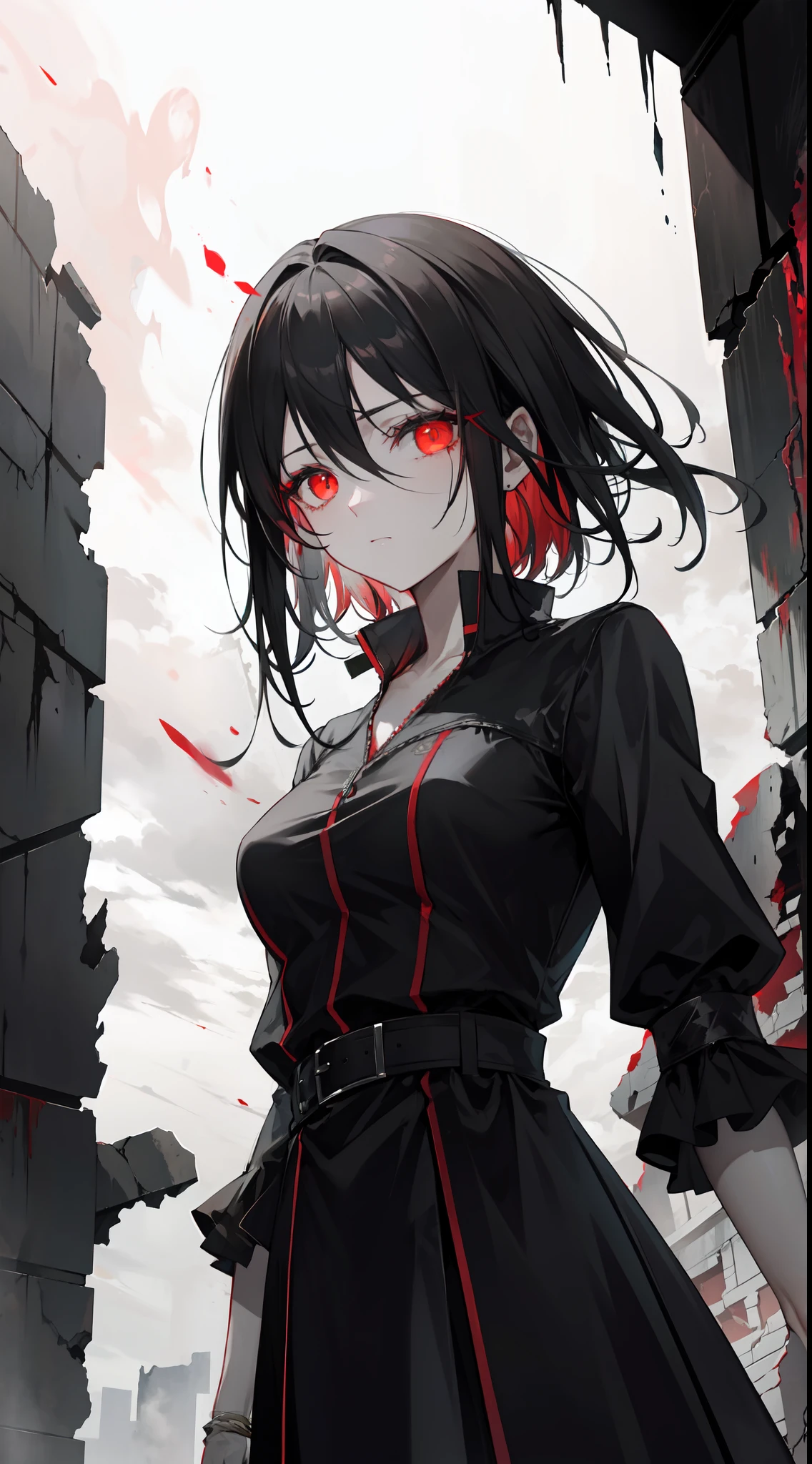 "Epic and haunting atmosphere, amidst the crumbling ruins, a resilient figure with jet-black hair and glow red eyes, exuding a touch of sorrow."