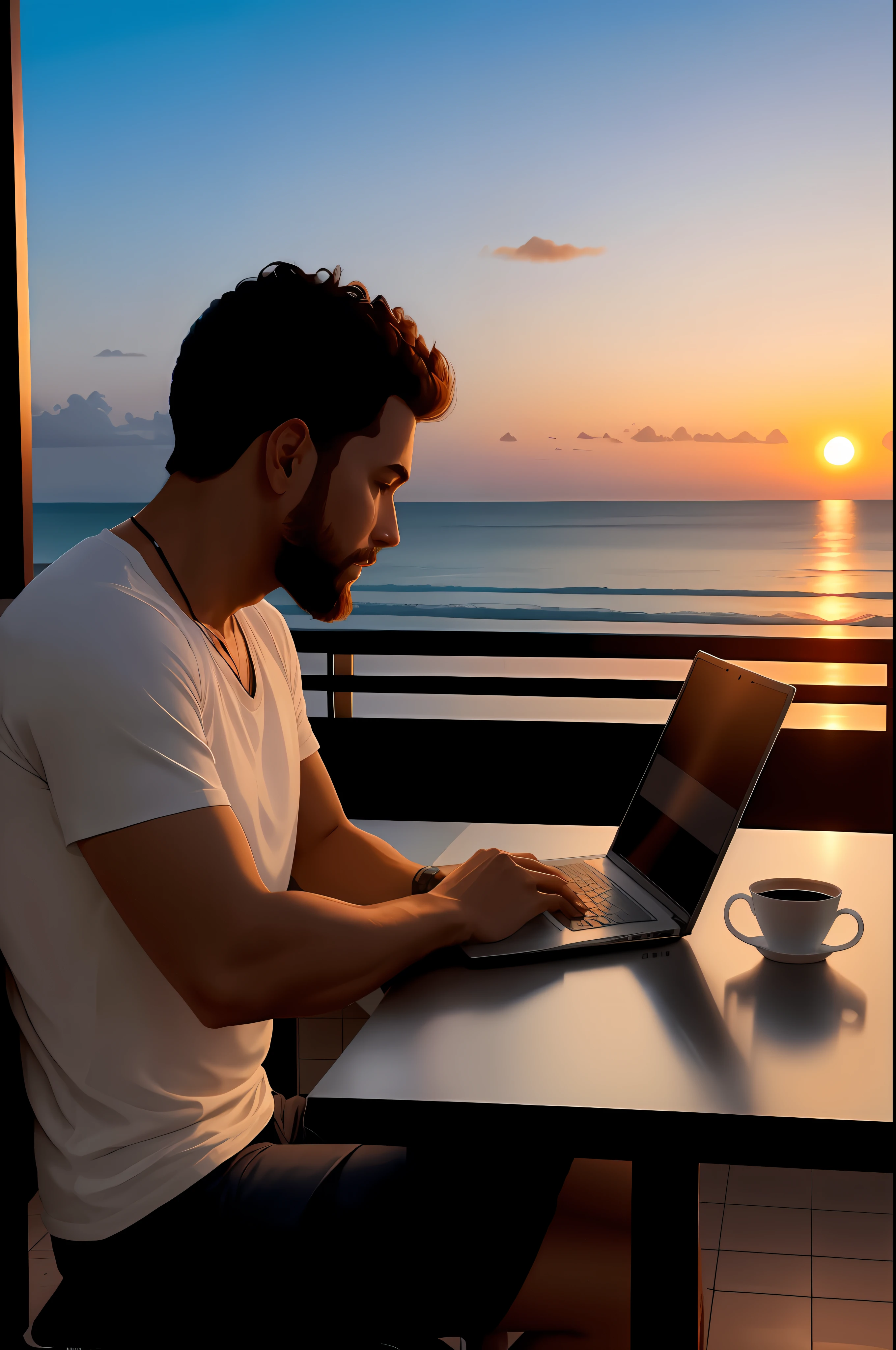 Arafed homem sentado em uma mesa com um laptop em seu colo, com um laptop no colo, sentado em frente ao computador, Trabalhando em um laptop em uma mesa, sunsettime, sentado em um computador, with sunset, artista digital, morning hour, ao nascer do sol, artistic pose, na frente de um computador, Detalhe excepcional, Shutterstock