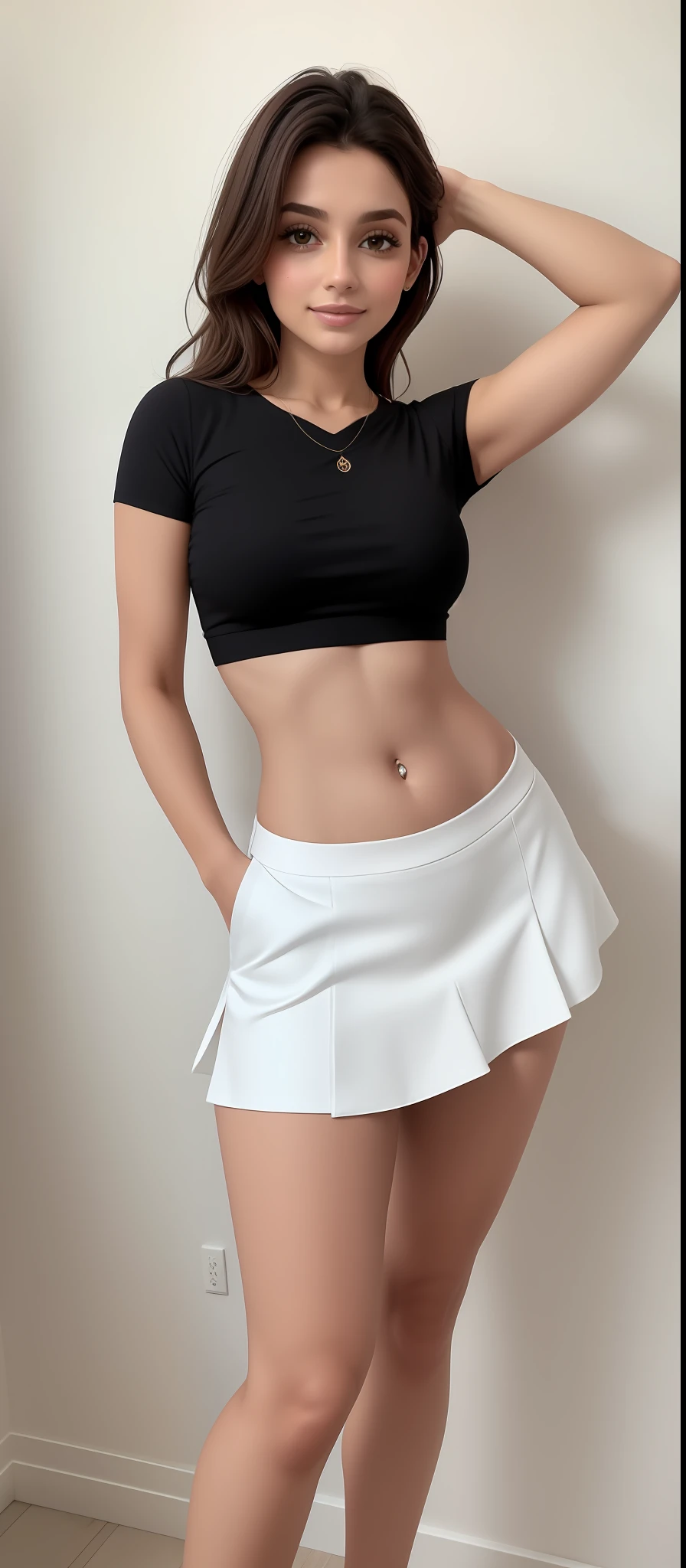 Mulher bonita na camisa preta e saia branca posando para uma foto, 2 Modelo feminina de 4 anos, her navel is exposed, cintura fina, umbigo mostrando, estilo y2k, e estilo 2K, white skirt and barechest, tinyest midriff ever, Photo adjustment, tiny waist, cintura magra e quadris grossos