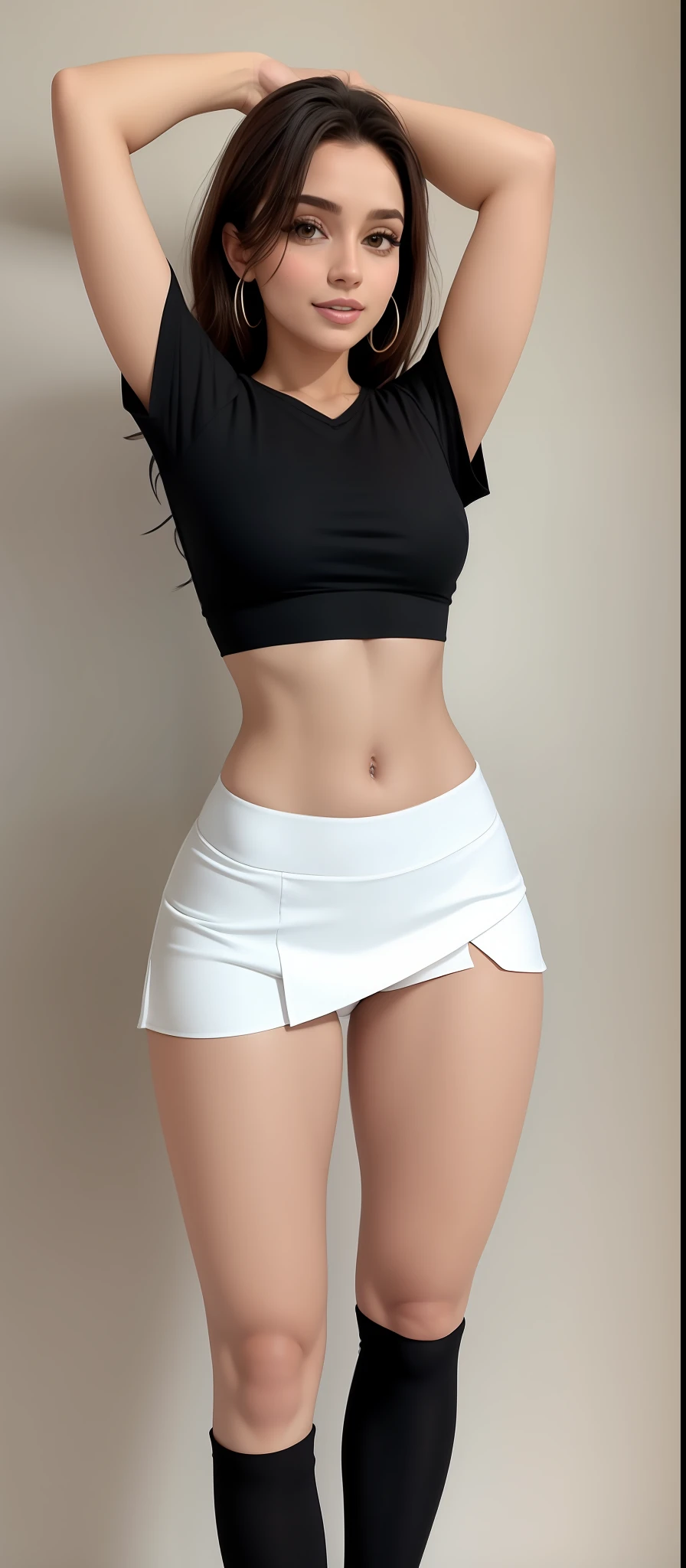 Mulher bonita na camisa preta e saia branca posando para uma foto, 2 Modelo feminina de 4 s, her navel is exposed, cintura fina, umbigo mostrando, estilo y2k, e estilo 2K, white skirt and barechest, tinyest midriff ever, Photo adjustment, tiny waist, cintura magra e quadris grossos