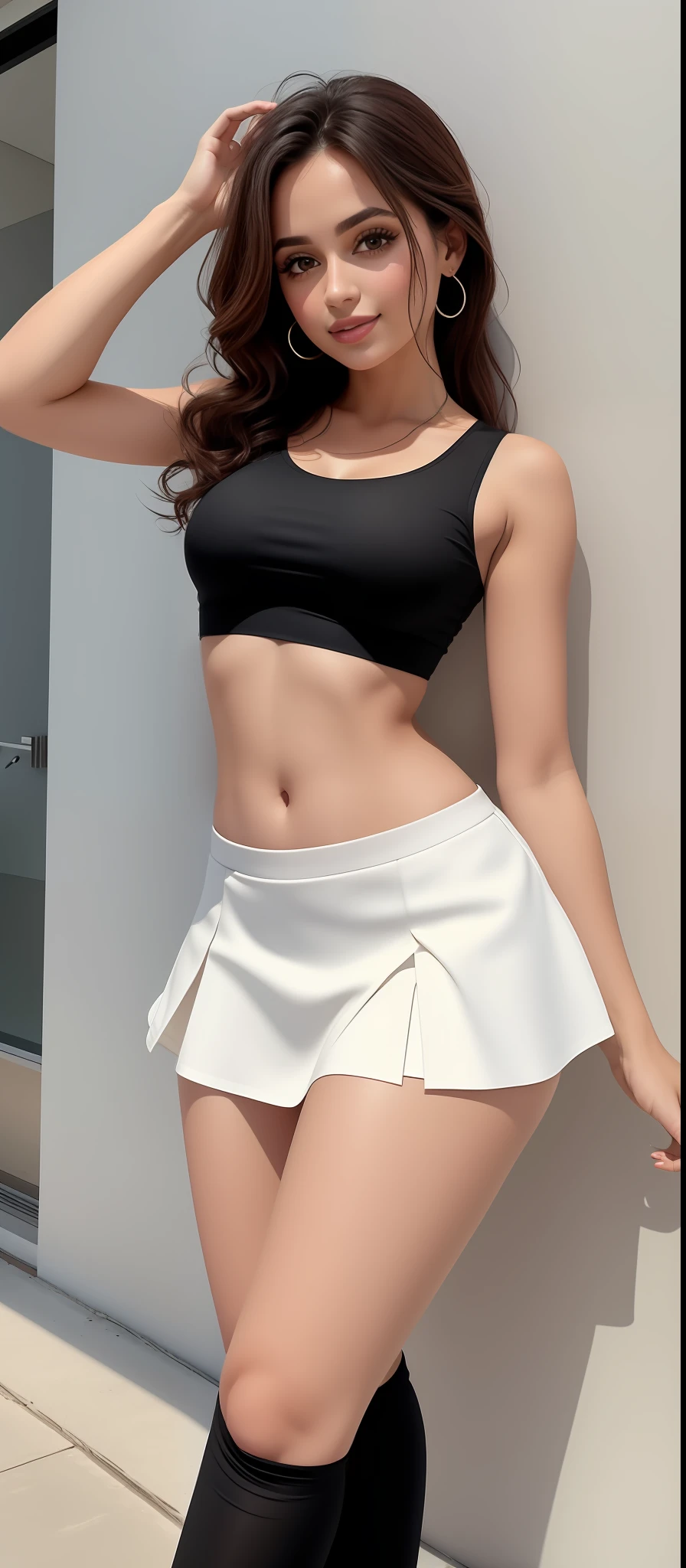 Mulher bonita na camisa preta e saia branca posando para uma foto, 2 Modelo feminina de 4 anos, her navel is exposed, cintura fina, umbigo mostrando, estilo y2k, e estilo 2K, white skirt and barechest, tinyest midriff ever, Photo adjustment, tiny waist, cintura magra e quadris grossos