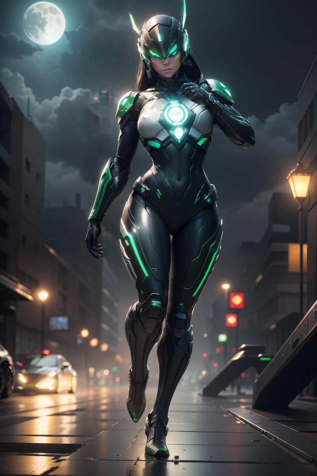 Green Lantern, WARFRAME, intricate pattern, heavy metal, energy lines, faceless, glowing eyes, elegant, intense, green white uniform, solo, modern, city, streets, dark clouds, thunderstorm, heavy rain, dramatic lighting, (masterpiece:1.2), best quality, high resolution, beautiful detailed, extremely detailed, perfect lighting,(full body, (dynamic pose), action pose), (rim lighting, studio lighting, distant moon light, night, bloom), (cinematic, best quality, masterpiece, ultra HD textures, highly detailed, hyper realistic, intricate detail, 8k, photorealistic, concept art, matte painting, autodesk maya, vray render, ray tracing, hdr), (dslr, full frame, 16mm focal length, f/8 aperture, dynamic perspective, dynamic angle, golden ratio, wide photography, wide field of view, deep depth of field, zoom out) techwear, urbansamurai 3d, realistic cyborg in a cyberhelmet head