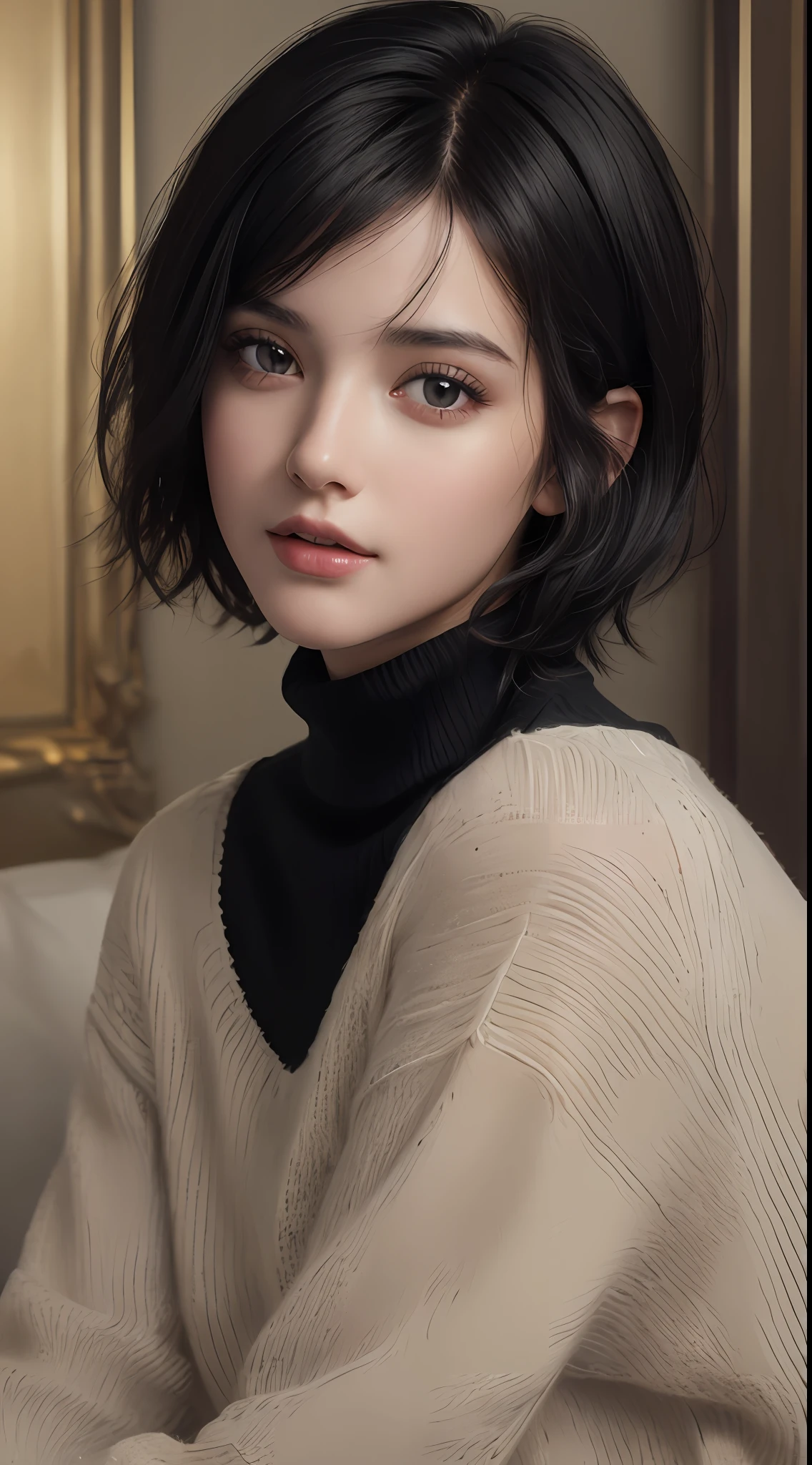 (masterpiece:1.3), (8k, photorealistic, RAW photo, best quality: 1.4), (1girl), beautiful face, (realistic face), (black hair, short hair:1.3), beautiful hairstyle, realistic eyes, beautiful detailed eyes, (realistic skin), beautiful skin, (sweater), absurdres, attractive, ultra high res, ultra realistic, highly detailed, golden ratio