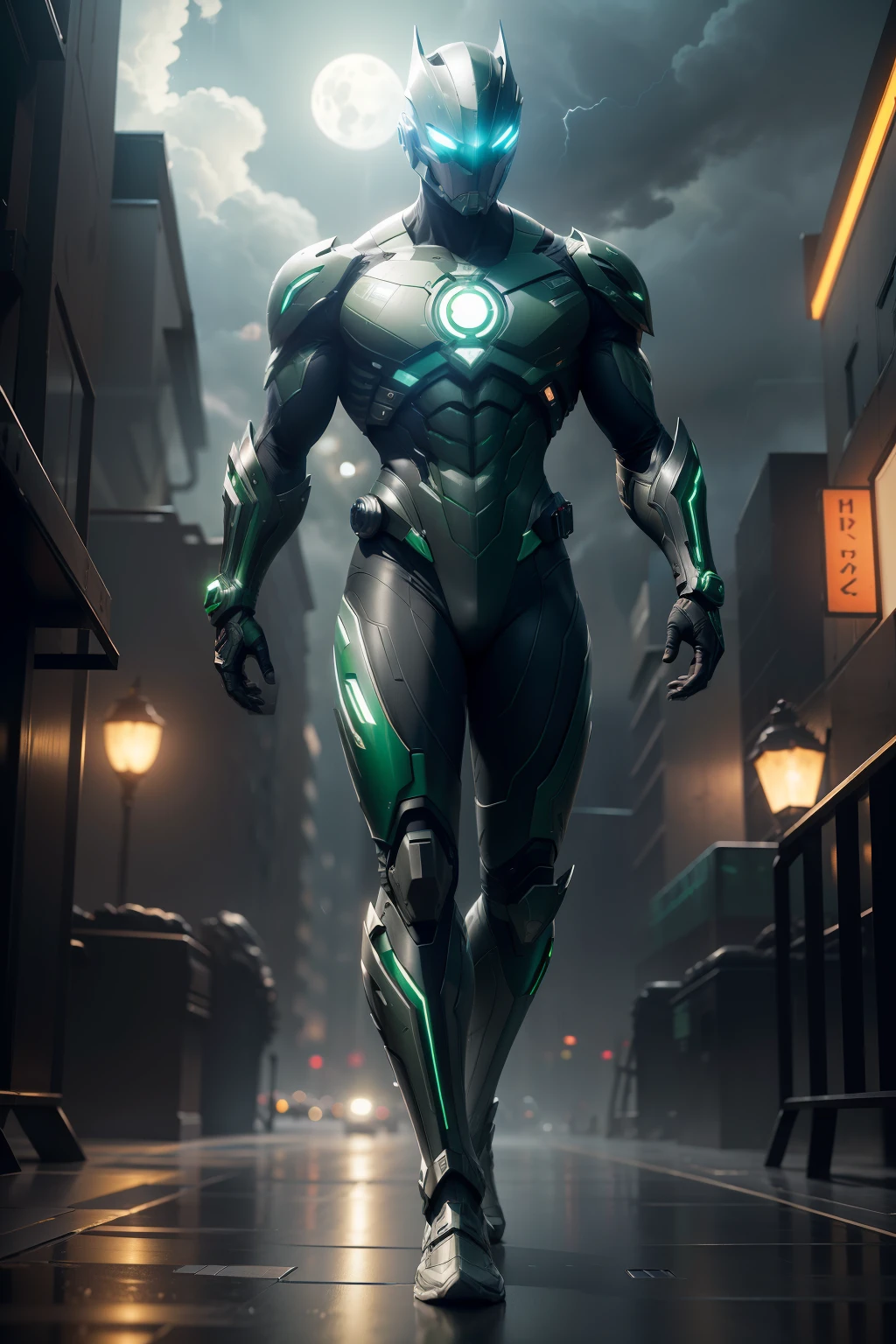 Green Lantern, WARFRAME, intricate pattern, heavy metal, energy lines, faceless, glowing eyes, elegant, intense, green white uniform, solo, modern, city, streets, dark clouds, thunderstorm, heavy rain, dramatic lighting, (masterpiece:1.2), best quality, high resolution, beautiful detailed, extremely detailed, perfect lighting,(full body, (dynamic pose), action pose), (rim lighting, studio lighting, distant moon light, night, bloom), (cinematic, best quality, masterpiece, ultra HD textures, highly detailed, hyper realistic, intricate detail, 8k, photorealistic, concept art, matte painting, autodesk maya, vray render, ray tracing, hdr), (dslr, full frame, 16mm focal length, f/8 aperture, dynamic perspective, dynamic angle, golden ratio, wide photography, wide field of view, deep depth of field, zoom out) techwear, urbansamurai 3d, realistic cyborg in a cyberhelmet head