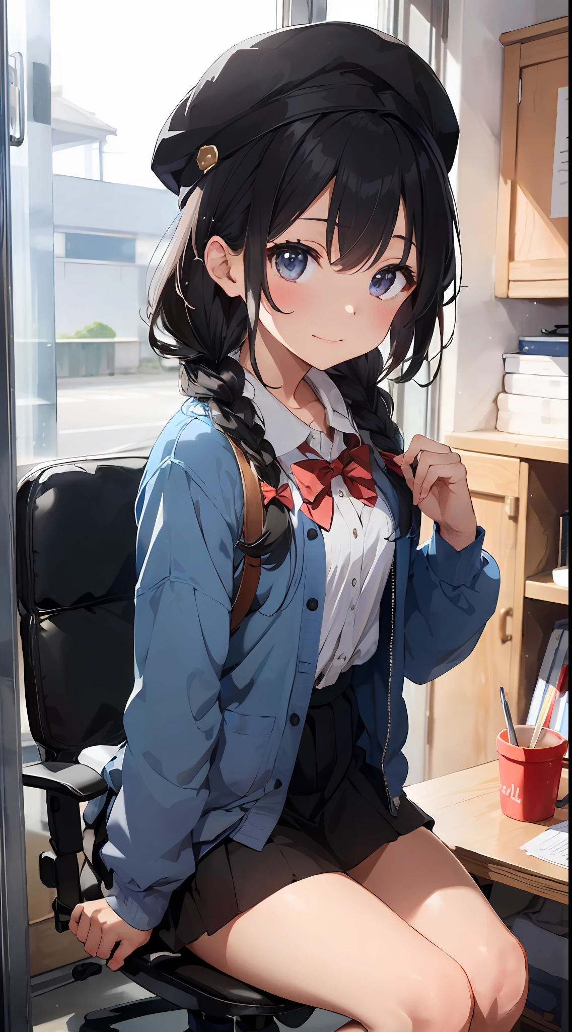 Masterpiece to the smallest detail、top-quality、1girl in、独奏、25-years old、140 cm、Petanko、(((Small:1.9)))、Hair with silky texture、Semi-long、Braids、Two-color mesh、Realistic eyes、Outstanding looks、unclear、proximity、closed_mouth、a smile、red blush、full of shyness、Hats that look good、Hats、pink bowtie、校服、 Blue jacket、jaket、skirt by the、Gray pretz skirt、Cutter shirt、white shirt、an legs、Black socks、sitting on、s Office、hair_ornament、looking_at_viewer、beatiful detailed eyes、Charming gestures、undergarment、seductiv、Professional effects、invite、Born princess、Receptionist、Large Enterprise Building