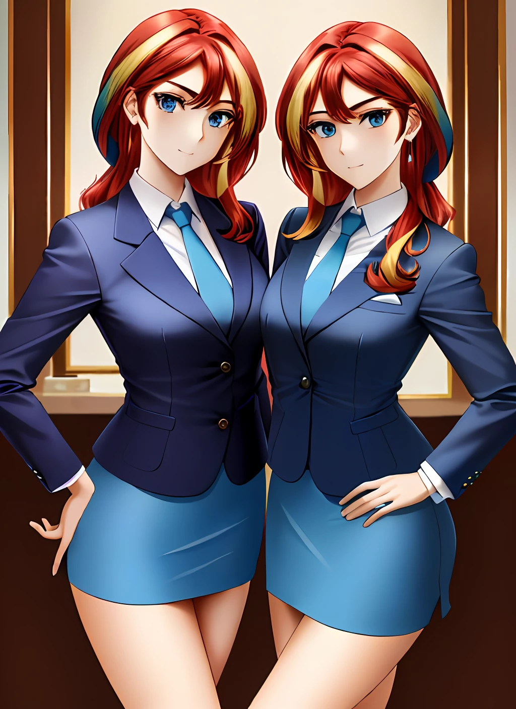 ((best quality)), ((highly detailed)), masterpiece, (detailed eyes, deep eyes), (2girls, duo, identical twins, clones, doppelganger), cowboy shot, SunsetHuman, (multicolored hair, (two-tone hair:1.1), red and blonde hair), BREAK, aqua eyes, ((office ladies, blue skirt suit, blue blazer, long sleeves, blue pencil skirt, blue tight skirt, bare legs, high heels, same color skirt suits)), highly detailed faces, highly detailed bodies, mnstfc, skirt