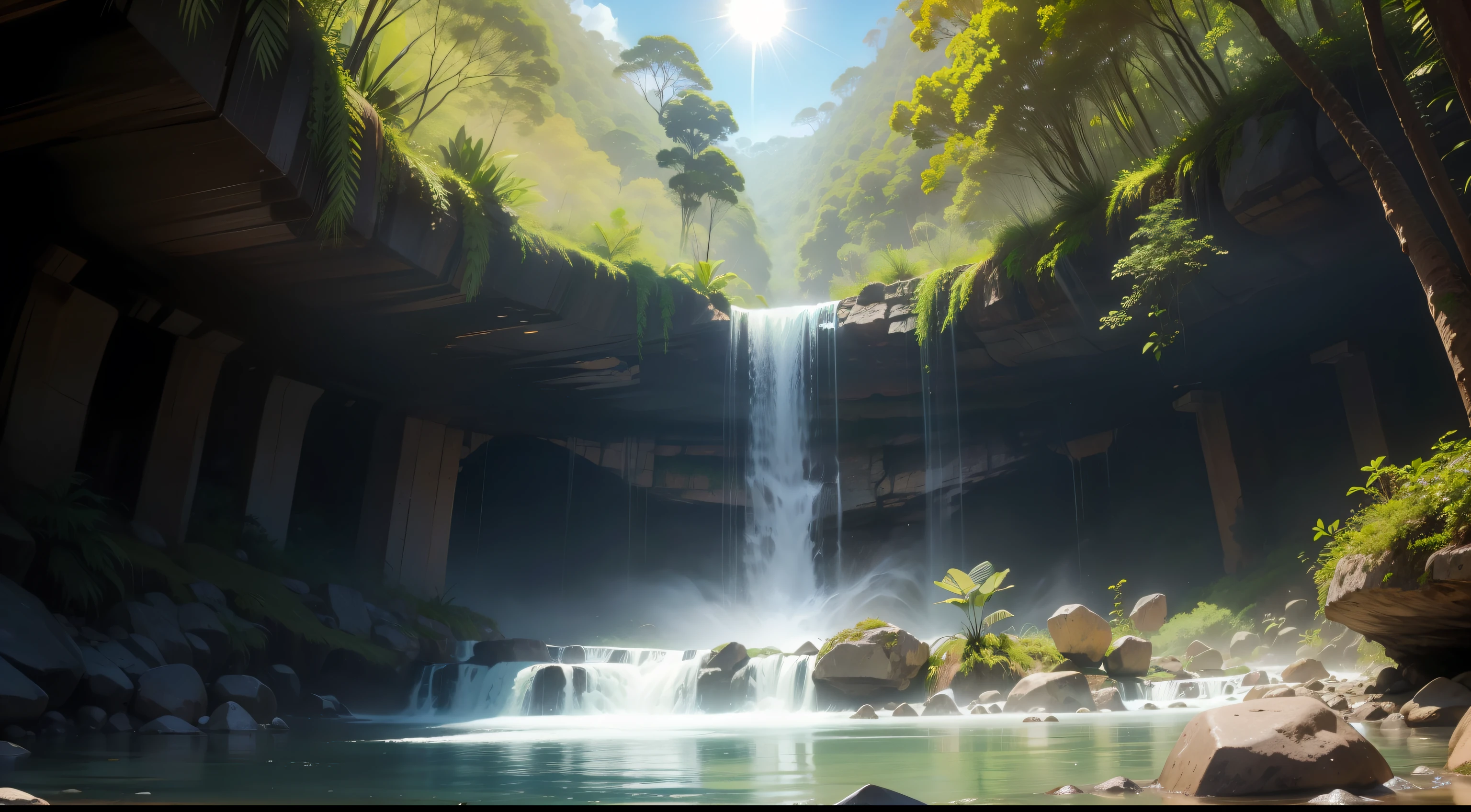 cachoeira, crystal water, real, floresta, vegetation, Midday sky with sun and no clouds, exuberante, magestoso,