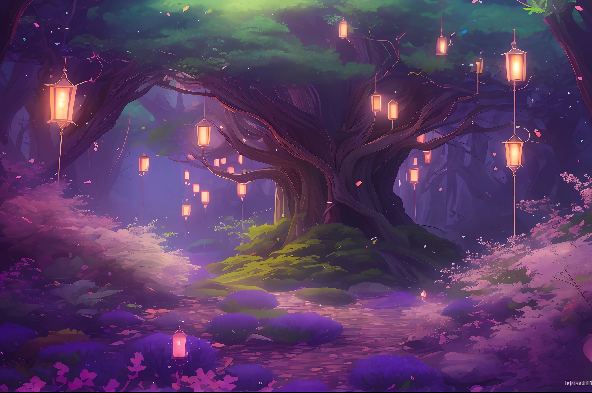 tmasterpiece，Best quality at best，high high quality，the Extremely Detailed CG Unity 8K Wallpapers，An enchanting and dreamy scene of a fantasy forest，Towering trees with lush leaves，Purple glowing lotus flower，Hidden Fairy Canyon，Creates a mysterious and captivating feeling，art  stations，digital illustrations，复杂，Uptrend，pastel colour，oil painted，award winning photography，Bokeh，depth of fields，hdr，blooms，color difference，真实感，The is very detailed，Art Station trend，CGSociety trends，复杂，high detal，dramatics，Midjourney Art