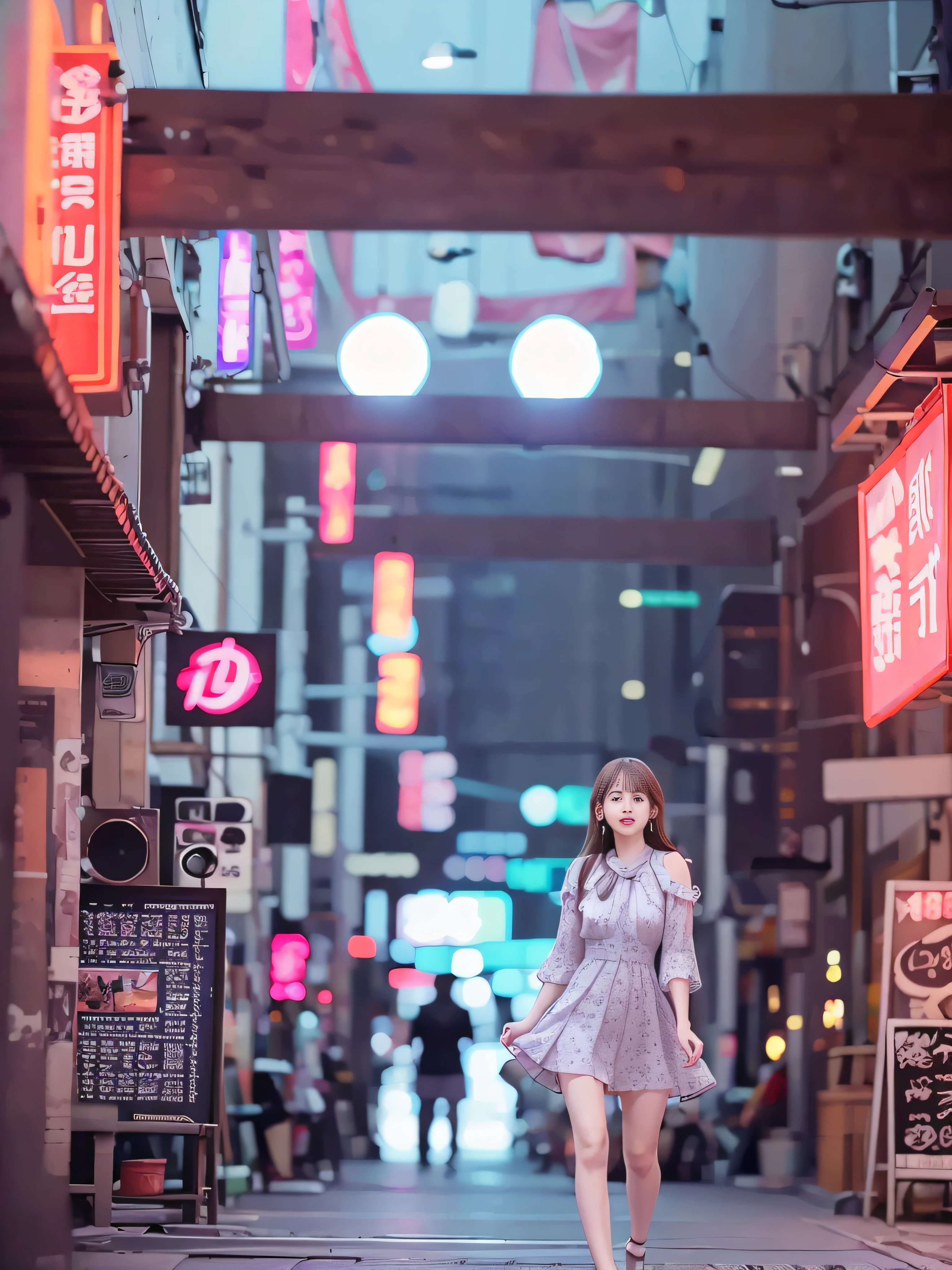 top-quality、​masterpiece、超A high resolution、(Photorealsitic:1.4)、Raw photo、Detailed CG image quality、cyberpunked、Beautiful fece、1girl in、Idol of the future、Colorful and high-tech idol dresses、Shining Neon Light Idle Dress、detailed portrait、8K picture quality、bright colour、concept-art、Cinematic and dramatic atmosphere、foco nítido、Volumetric lighting、Cinematographic lighting、Wearing studio quality、Colorful neon lighting、depth of fields、Ambient lighting、Blurred foreground、blurry backround:1.3、