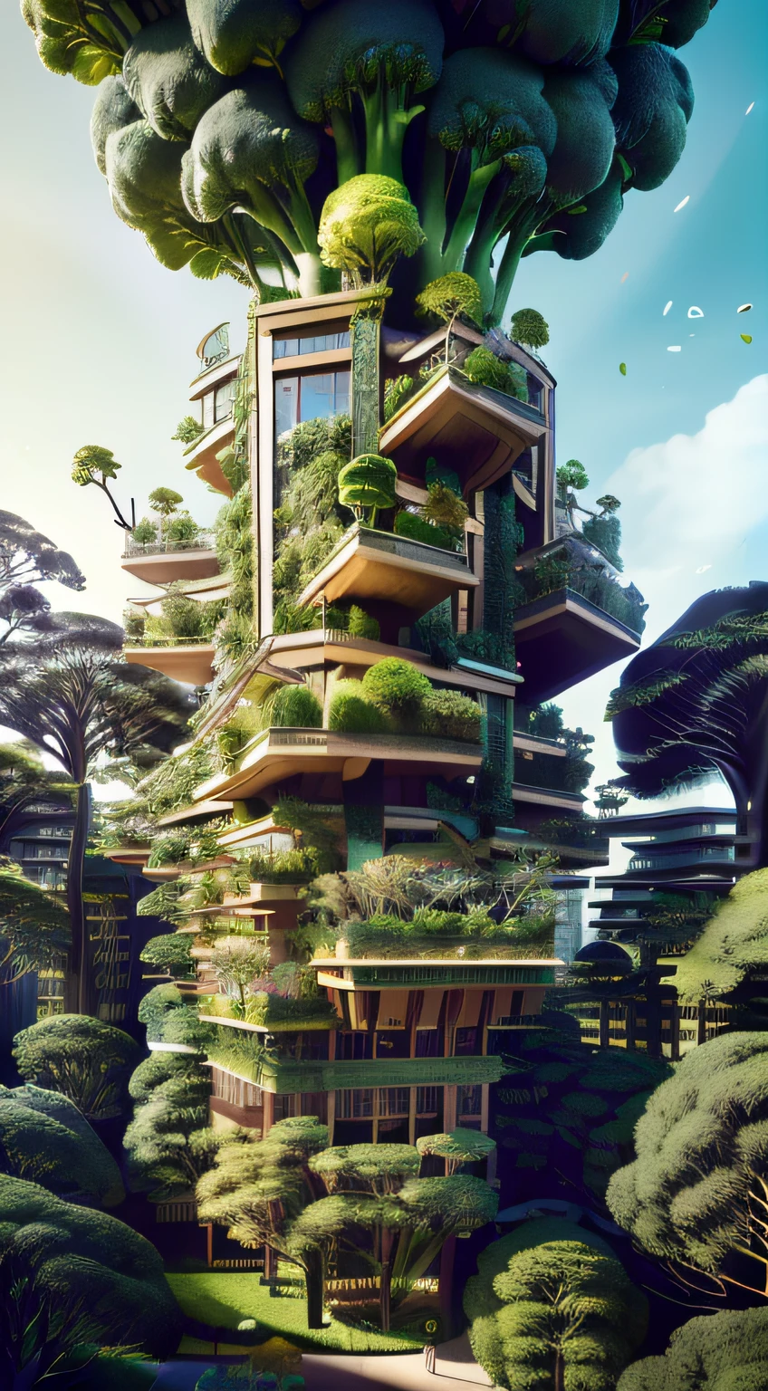 There is a house in the middle of a giant broccoli，in a panoramic view ,The roof is also covered with huge broccoli flowers， tree town, Animated Movies, hentail realism, highly detailed surreal vfx, tv commercial, bonsai tree house, tree house, Global illumination. vfx, Realiy，large panorama