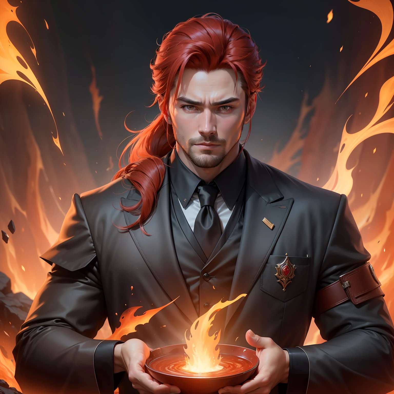 The animations are rich in detail,This is a high-quality 8K masterpiece。30-year-old man,male people,Handsome and handsome,The expression is serious,A red hair,Long ponytail hair,He was the head of the Order,Gentleman's suit armor,Good at melting magic,Background of volcanic eruption