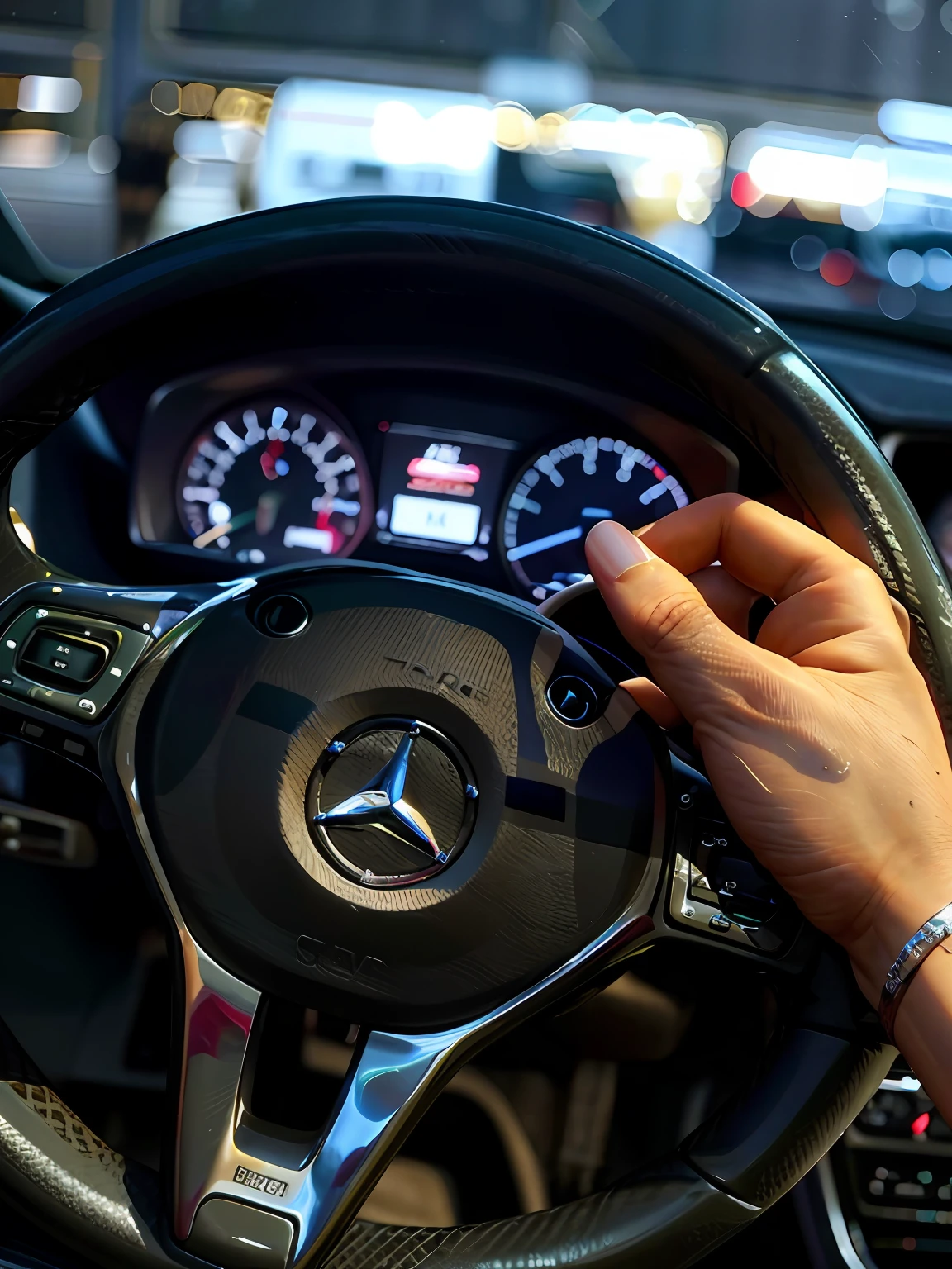 steering wheel of a car with one hand on the steering wheel, volante, Single steering wheel, Mercedez Benz, left - hand drive, patas no volante, Mercedes, fotografia automotiva, visual deslumbrante, Detalhe perfeito, Beautiful image, um hiper realista, Diy, Detalhe brilhante, um ultra realista, parece realista, imagem impressionante, sleek hands, estilo de vida de luxo, Motivacional