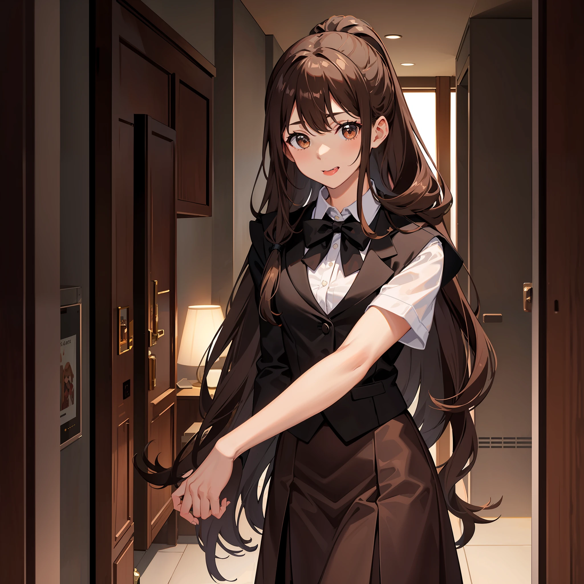 Masterpiece, Best quality, A high resolution, A high school girl wears a long ponytail，Chocolate colored hair，Wearing a black vest，Brown coat，Short brown skirt，Sticking out your tongue，Turn a blind eye