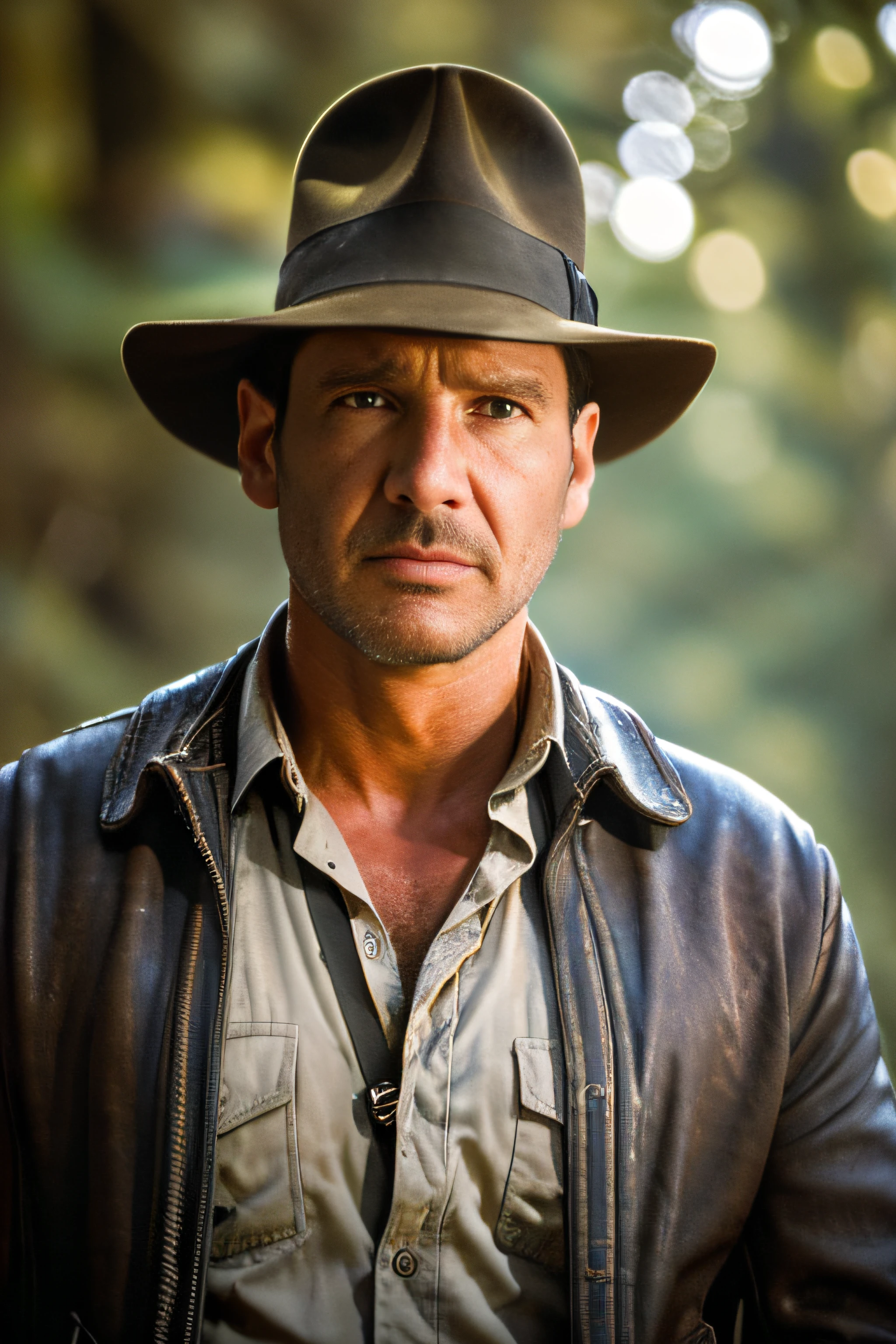 a Highly Detailed full body Photo of a man with a scruffy beard as Indiana Jones with hat, (Detailed Face), (perfect detailed eyes:1.1), (highly detailed skin:1.1), perfect athletic body, Modelshoot style, Professional Photography, Dramatic lighting, PHOTOREALISTIC, Cinematic, Realistic, sunset, standing in a forest jungle background, RAW, analog, sharp focus, 8k, high resolution, DSLR, high quality, Fujifilm XT3, award winning, masterpiece