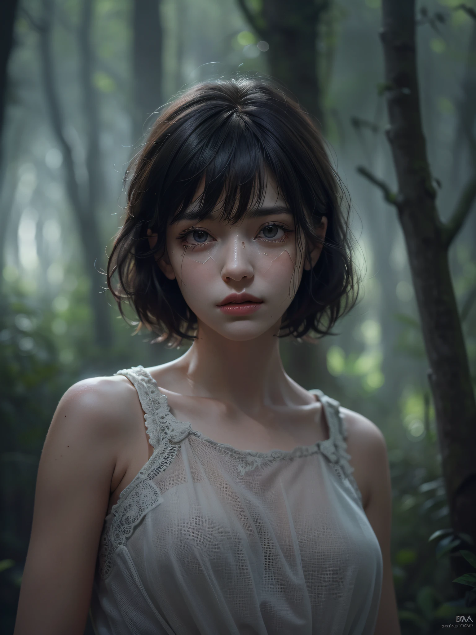 (one girl ),(deep forest, in the dark, deep shadow, sad feeling, bloodshot eyes, cry), standing, fine skin, ultra-detailed face, detailed eyes, highly detailed lips, short bob hair, , best quality, masterpiece, ultra high res, (photorealistic:1.4),(portrait),