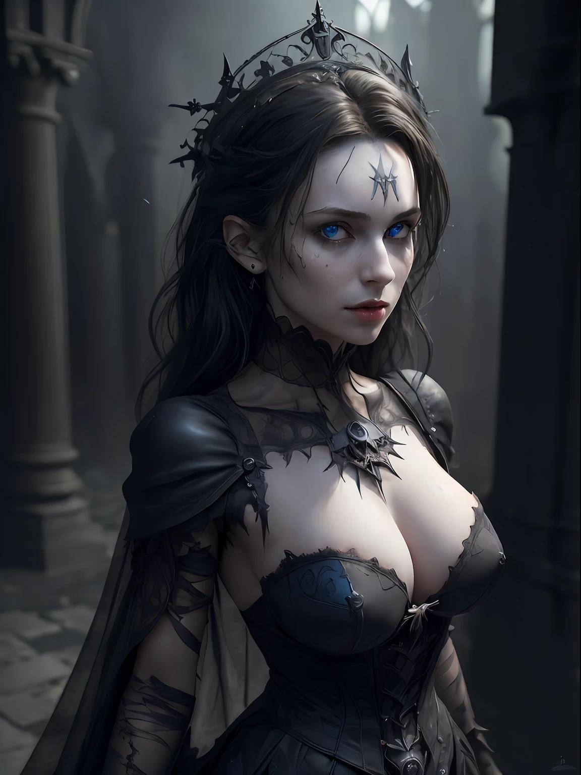 (masterpiece, best quality:1.4), (dark castle background), (breast focus), (standing:1.2), 1girl, solo, (european youth:1), GothicPunkAI dress on woman, black hair, ligh blue eyes, beautiful face, highly detailed face, highly detailed skin, skin pores, subsurface scattering, realistic pupils, breast, highly detailed face, highly detailed eyes, full face blush, full lips, detailed background, depth of field, volumetric lighting, sharp focus, absurdres, realistic proportions, good anatomy, (realistic, hyperrealistic:1.4), 16k hdr,