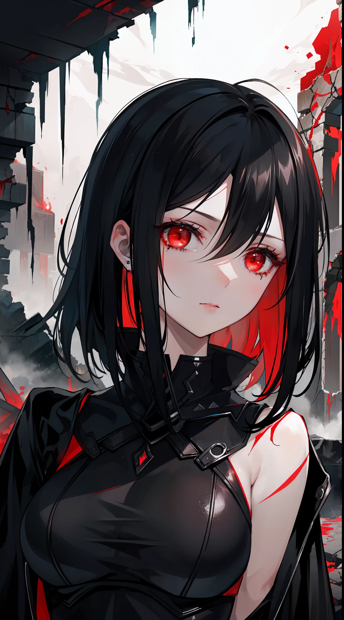 "Epic and haunting atmosphere, amidst the crumbling ruins, a resilient mature female with jet-black hair and glow red eyes, exuding a touch of sorrow."