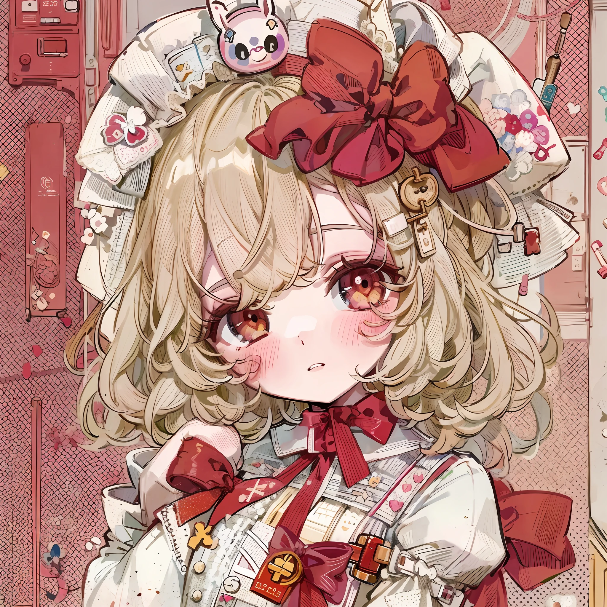 Character design，Q version，tchibi，Cute，The ratio of the head to the body，clothing design，Lolita prostitute，Gorgeous dress，mitts，curlies，very intricate，Exquisite，shift dresses，Bow knot，frilld，ribbon，bandagens，Nurse style，Huge syringe，pill，Red Cross，Y2K，E-girls，Unilateral eye patch，Love decoration，subculture，Sick，bloods