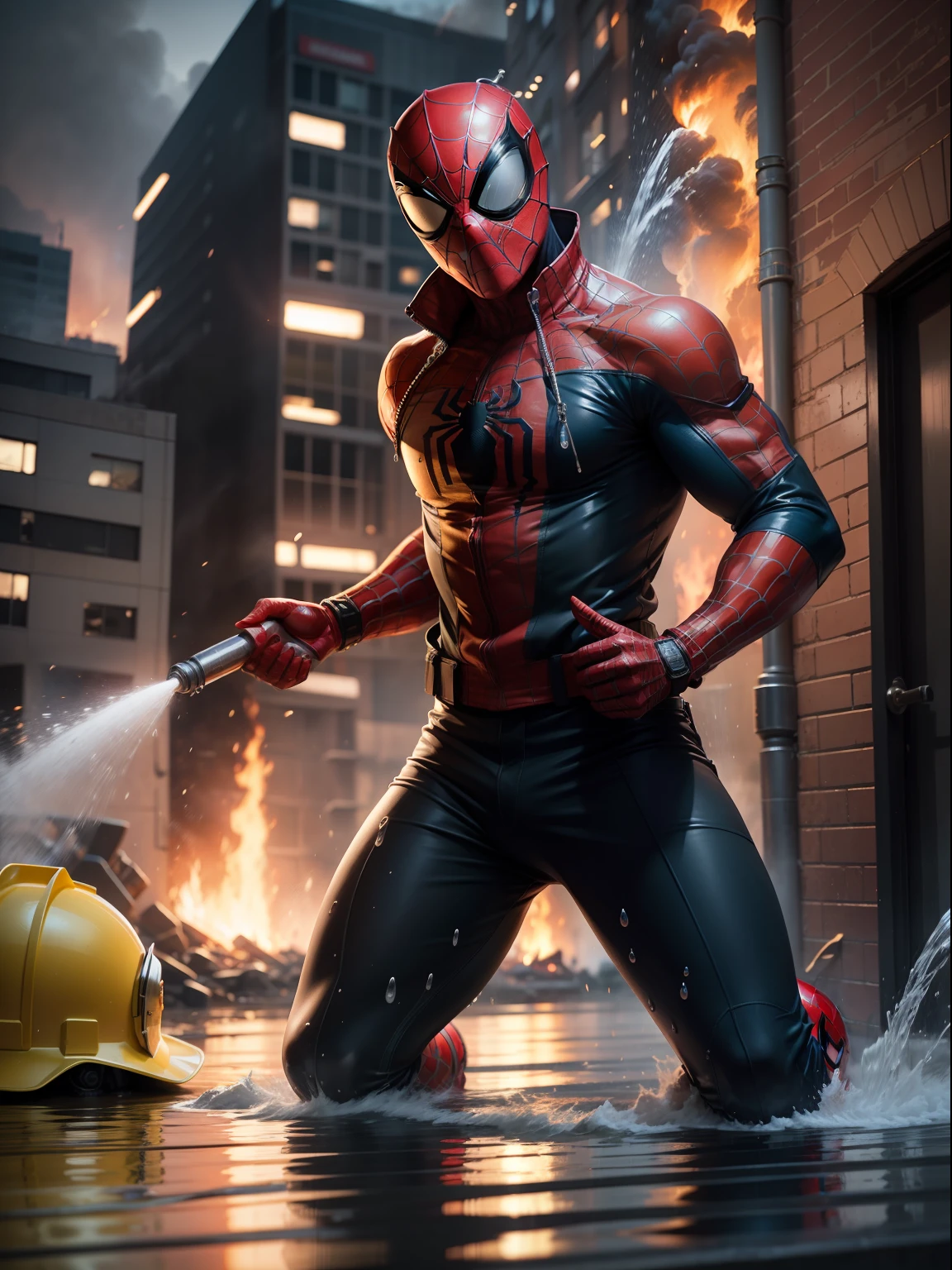 A Dramatic Spiderman as firefighter wearing firefighter uniform, jacket and helmet, pulled a big water hose, helping people take care of fire in the building, cinematic, extreem realistic, extreem detailed, extreem Sharp, full body shot