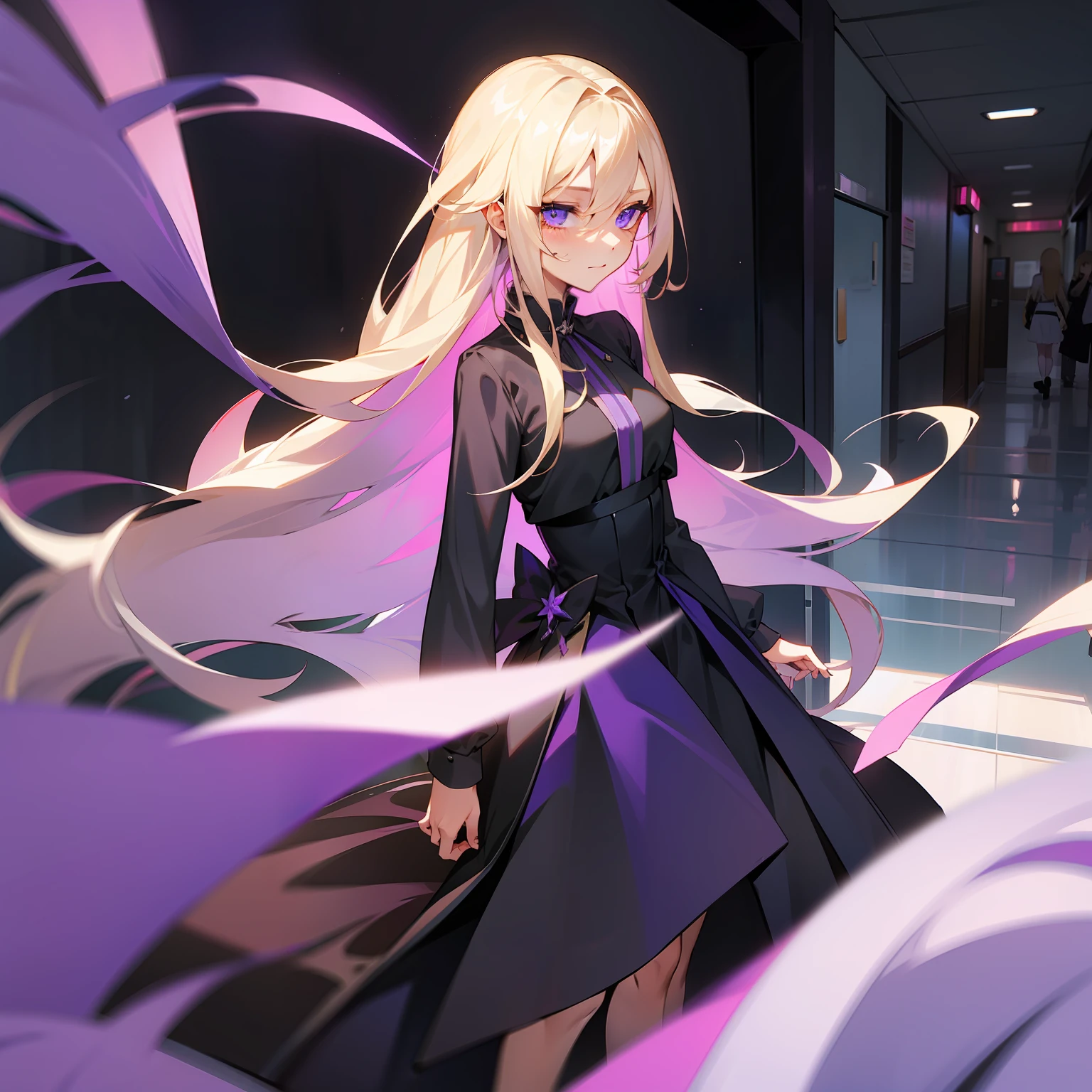 A long blonde hair,Lilac blue-purple eyes,wearing a blacked shirt,The girl in the short black dress greeted elegantly。In the hallways of the school