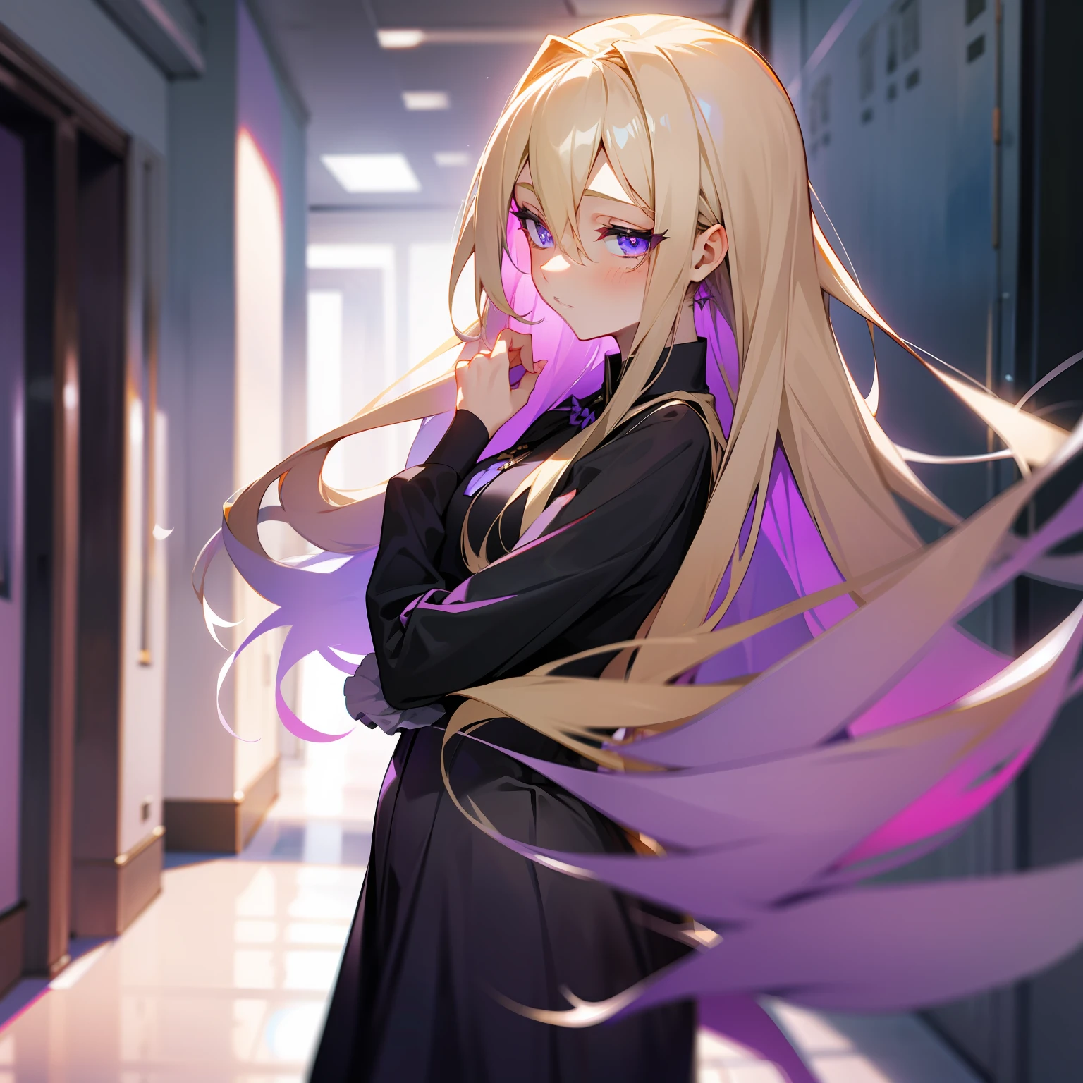 A long blonde hair,Lilac blue-purple eyes,wearing a blacked shirt,The girl in the short black dress greeted elegantly。In the hallways of the school