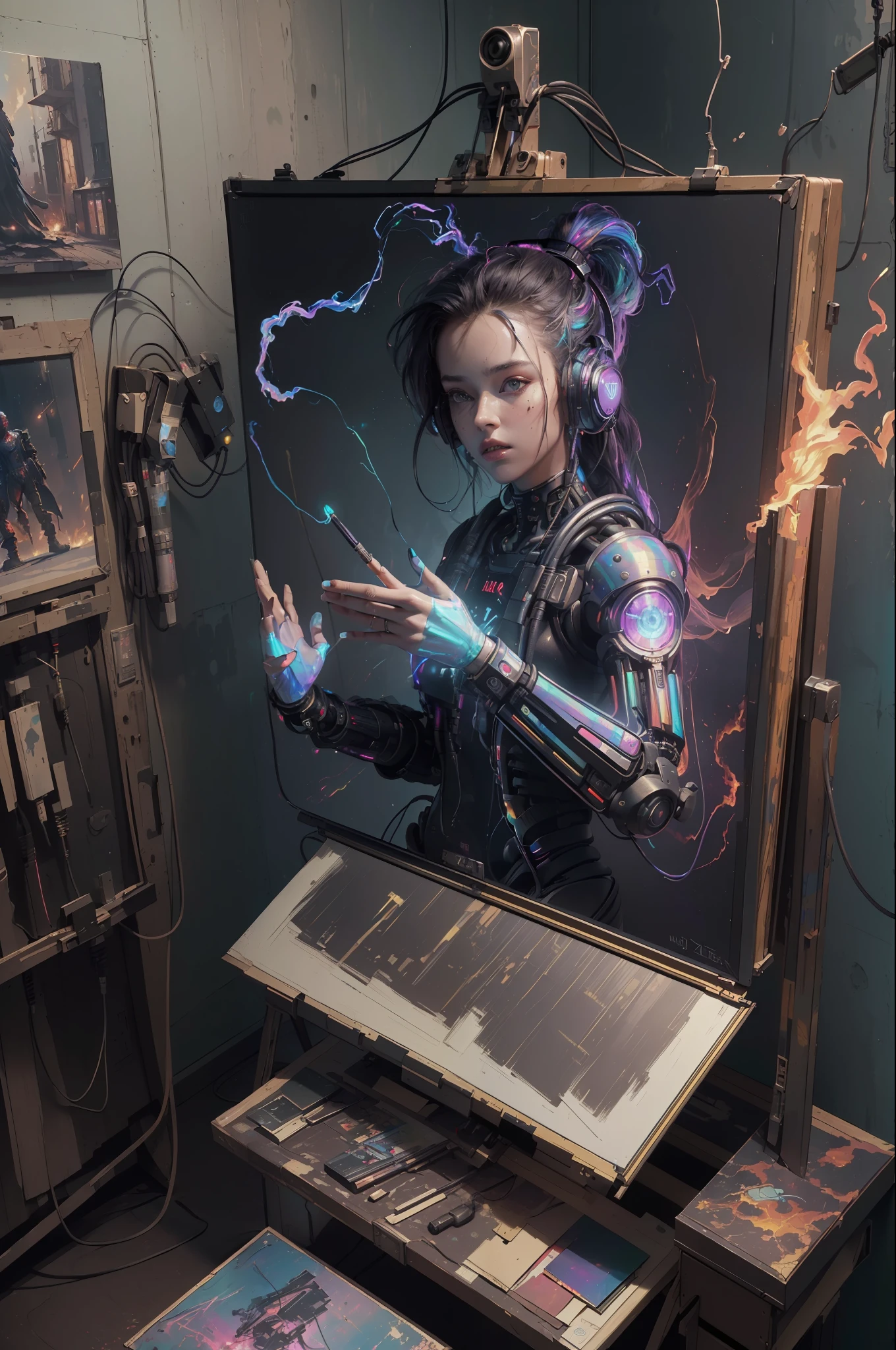 (masterpiece, best quality, highres, absurdres, detailed:1.2), humanoid, robot, wearing headphones, looking away, (cyberpunk, art canvas, paint brush, easel, iridescent, holographic: 1.6), (cables, wires, flames, fire, smoke, overheat, explosion, indoors, room, simple background)