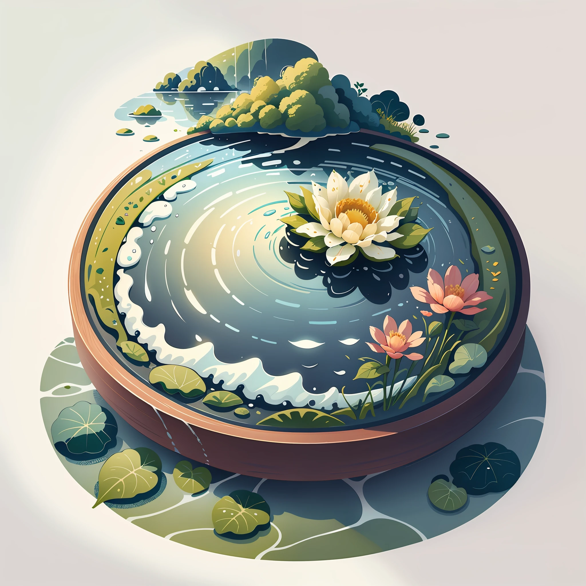 rainwater:A drizzle,Raindrops fall on the lake,The water is rippling,Flowers and birds happily welcome the arrival of warm rain。Mobile wallpaper illustration,Nature views, Minimalist illustration, Line illustration, Colorful。circular composition,Flat illustration。