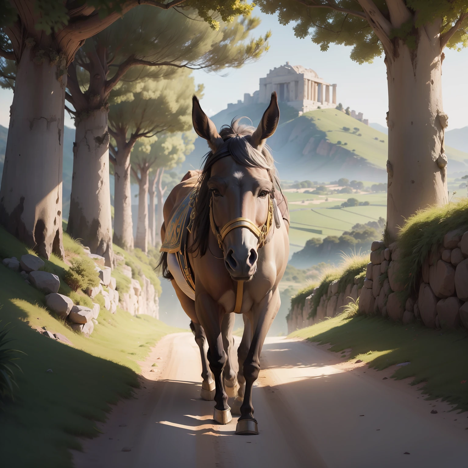 Na imagem, visualize just a donkey running in a mystical environment of ancient Greece, com um pote dourado na sela. The donkey stands out amidst the enchanting landscapes, e o pote dourado. Apenas esse protagonista, o burro, is the focus of the scene, carregando o valioso pote em sua jornada misteriosa.