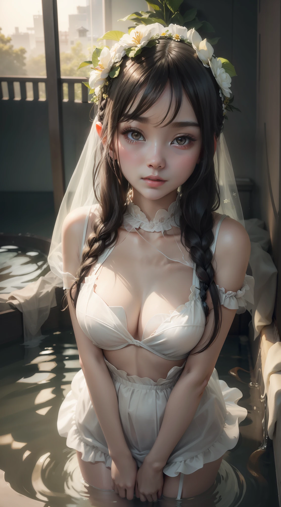 lily girl, Beautiful girl, Beautiful daughter and beautiful granddaughter,Volumetriclighting,cinematric light,Double up braid,dynamic angle,globalillumination,Third Person View,Mood lighting,High quality front lighting, Edge lighting, high resolution, Delicate eyes, High quality masterpiece,Wear a tulle wrap,Silver embroidery,Standing in the hot spring。Transparent tulle,Shows skin wearing a flower crown,Moisturize the body。Full transparency