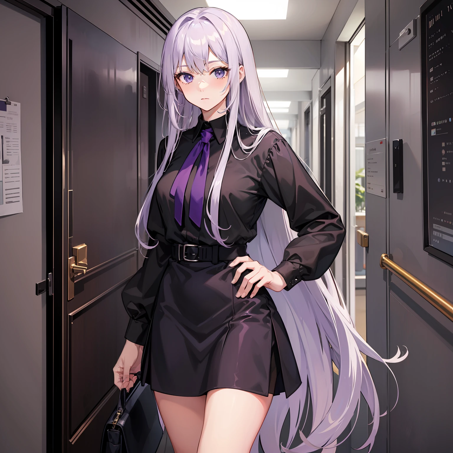 A long blonde hair，Lilac blue-purple eyes，wearing a blacked shirt，The girl in the short black dress greeted elegantly。In the hallways of the school