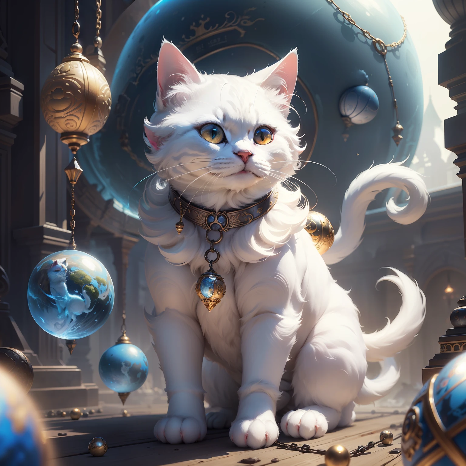There was a white cat inside a ball,There is a chain around it, 4k highly detailed digital art, 4K detailed digital art, Ross Tran 8 K, furry fantasy art, planet of cats, 4 K detail fantasy, Cute detailed digital art, ross tran and wlop, hyperrealistic fantasy art, intricate wlop, world boss kitten,Jewelry,delicated
