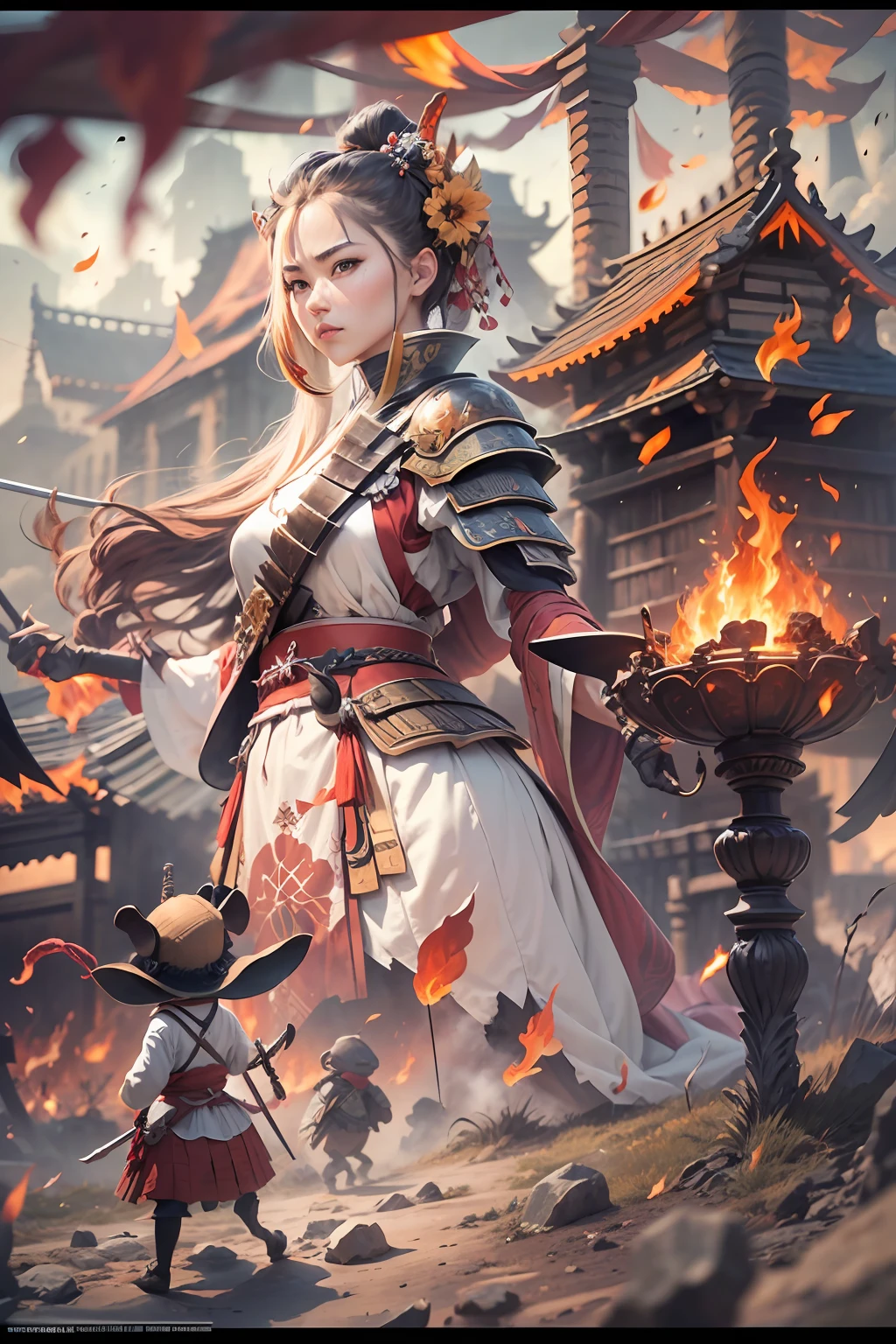 (anthropomorphic turtle),(White elephant samurai:1.4),a tall body,Stout limbs,Look at me condescendingly,disdain,despise,The long hairs of the flame fluttered in the wind,combats,Dynamic lines,Dimly lit battlefield,fire glow,Ruined castle,(stereoscopic perspective:1.4),Works of masters,super-fine,4K分辨率,high qulity,电影灯光,High picture detail,Detailed pubic hair,Epic shooting,Clearly focused hair,Detailed hair depiction,acurate