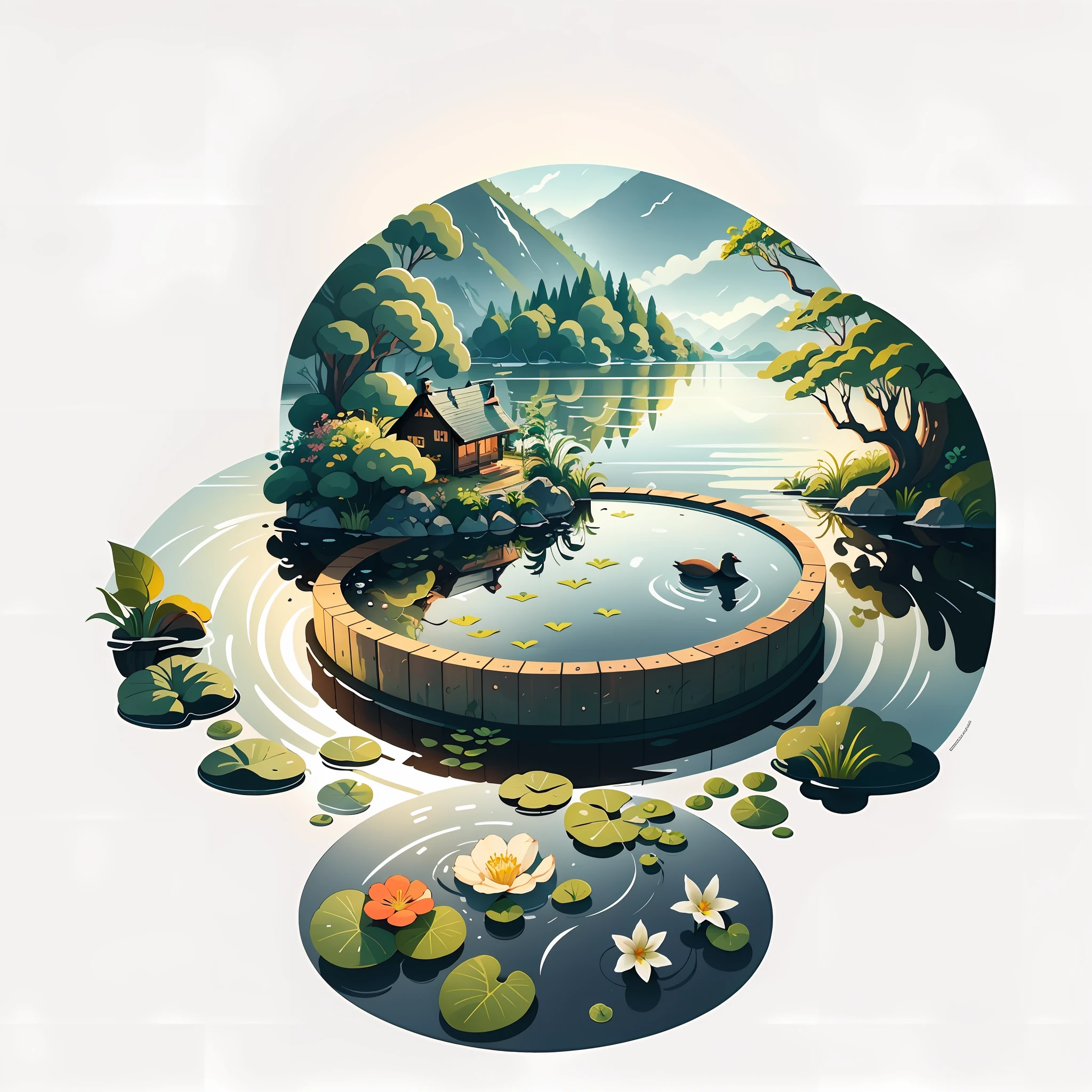 rainwater:A drizzle,Raindrops fall on the lake,The water is rippling,Flowers and birds happily welcome the arrival of warm rain。Mobile wallpaper illustration,Nature views, Minimalist illustration, Line illustration, Colorful。circular composition,Flat illustration。