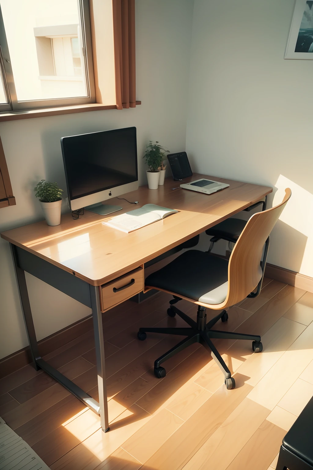 A desk and a chair on the side，Perspective