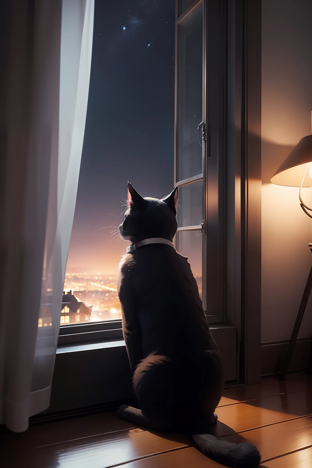 The cat has been looking out the window alone，At night，There is night