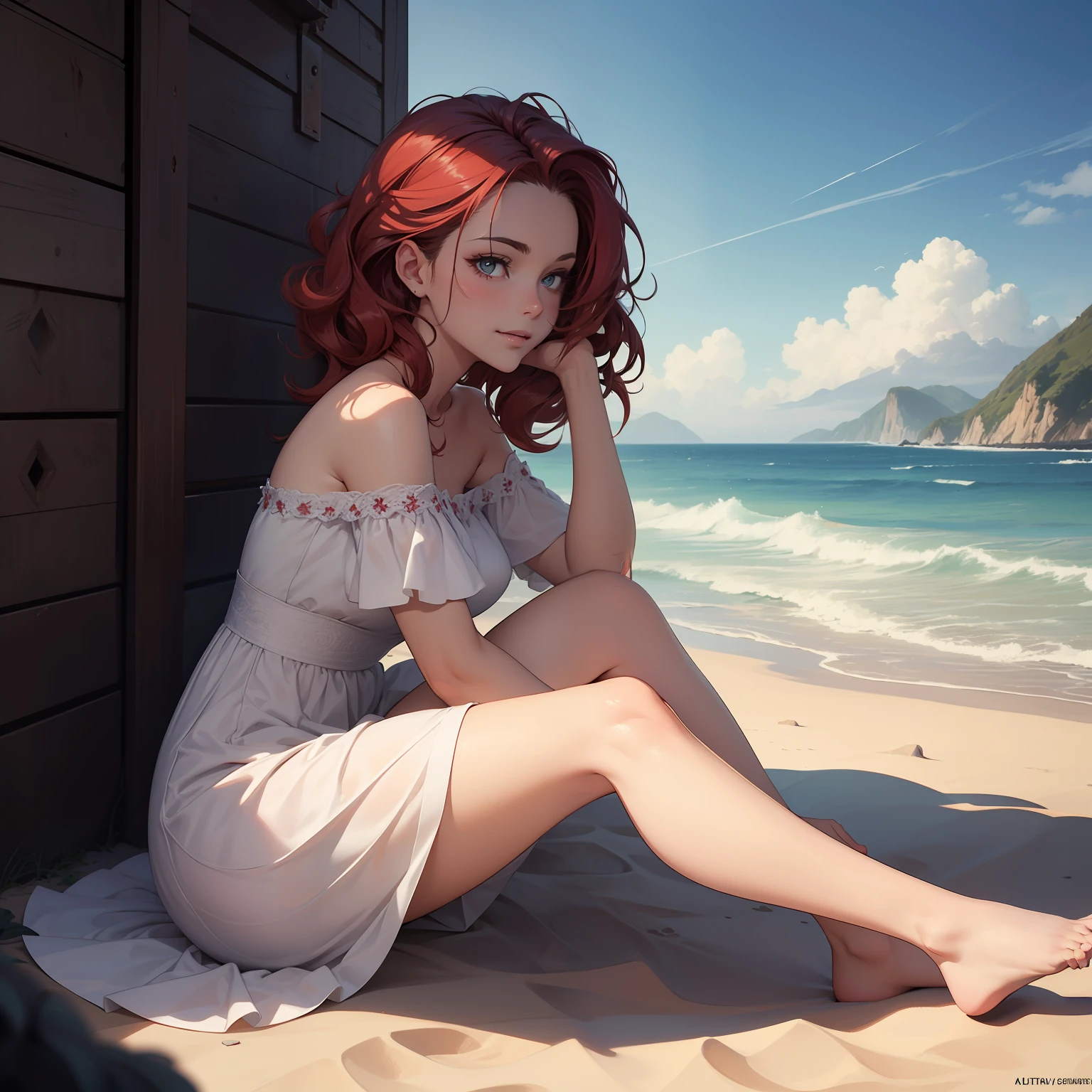 (masterpiece, best quality), photorealistic, cinematic, anime girl in off-the-shoulder, breezy sundress in a bold solid color, seaside, 1 girl, red hair, (side-swept waves hairstyle:1.5), full-body shot, head to toe visibility, perfect anatomy, curvaceous body, alluring, perfect eyes, perfect hands, sitting on the sand with legs crossed, leaning slightly back on one hand, the other hand can be gently playing with a strand of hair or holding onto a piece of the dress, the off-the-shoulder neckline can be showcased, giving a relaxed and charming look, a playful and carefree smile, with a hint of subtle mischief, the model's gaze can be directed slightly downwards, as if lost in thought or enjoying the moment, extremely detailed Artgem, ig model, artgem, alena aenami and artgem, krenz cushart and artgem, artgem and atey ghailan