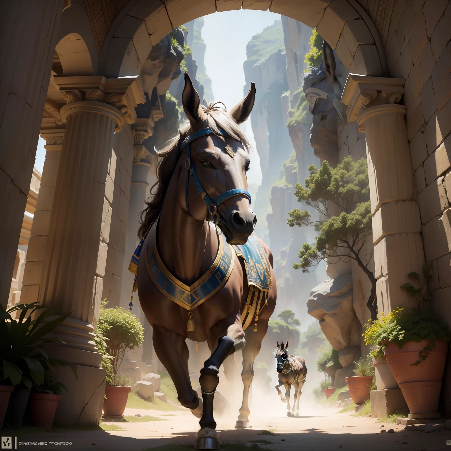 Na imagem, visualize just a donkey running in a mystical environment of ancient Greece, com um pote dourado na sela. The donkey stands out amidst the enchanting landscapes, e o pote dourado. Apenas esse protagonista, o burro, is the focus of the scene, carregando o valioso pote em sua jornada misteriosa.