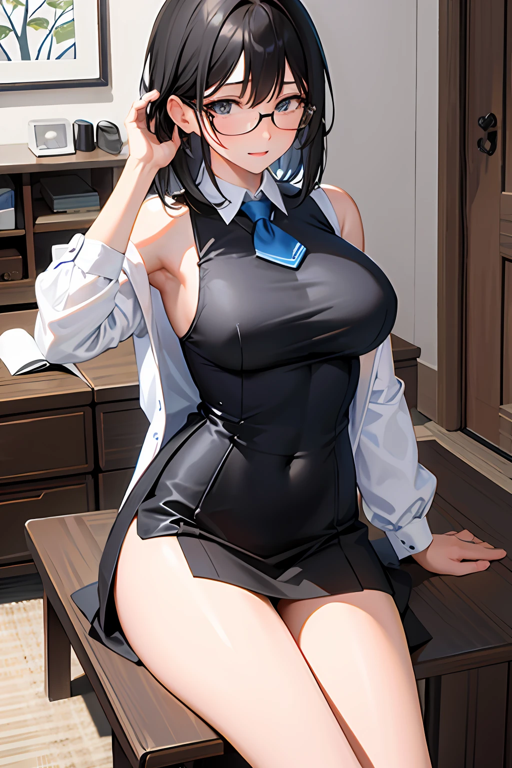 （（tmasterpiece，best qualityer）），（1girll），（a matural female）），Short black shoulder-length hair，（（office  lady）），wearing black rimmed glasses，Blue pupil，By bangs，large breast ，（plumw），slim，ssmile，[Wide buttock]，office room，（Tired expression，exhaustion，weeping），Ansan-type body，There is a vest line