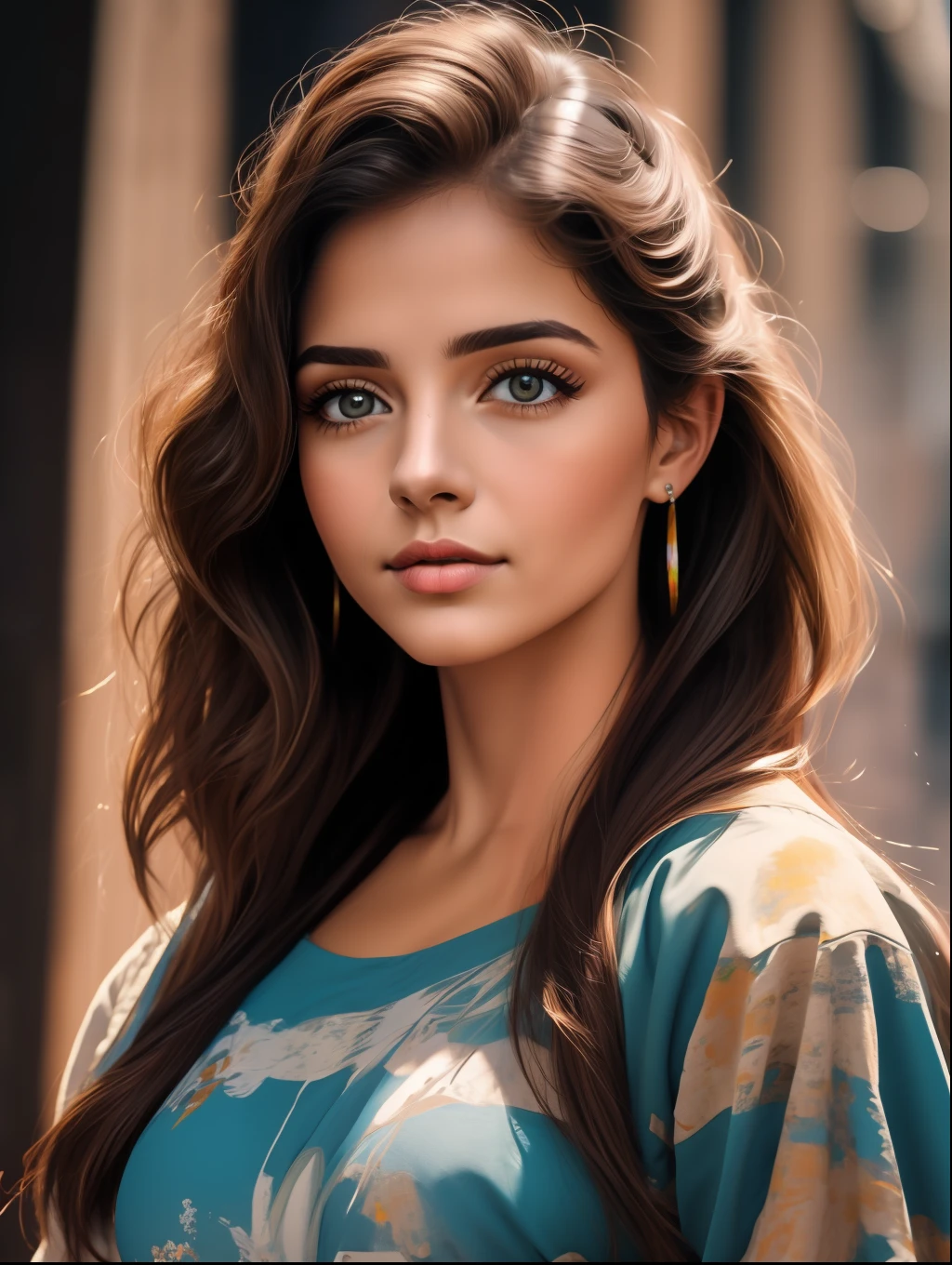 Hand painting, oil paint painting, de um rosto de uma mulher bonita, jovem de 25 anos, Fundo com pinceladas coloridas, auto retrato realista, 8k UHD, DSLR, grain of film, pintura fotorrealista Fujifilm XT3 arte midjourney,