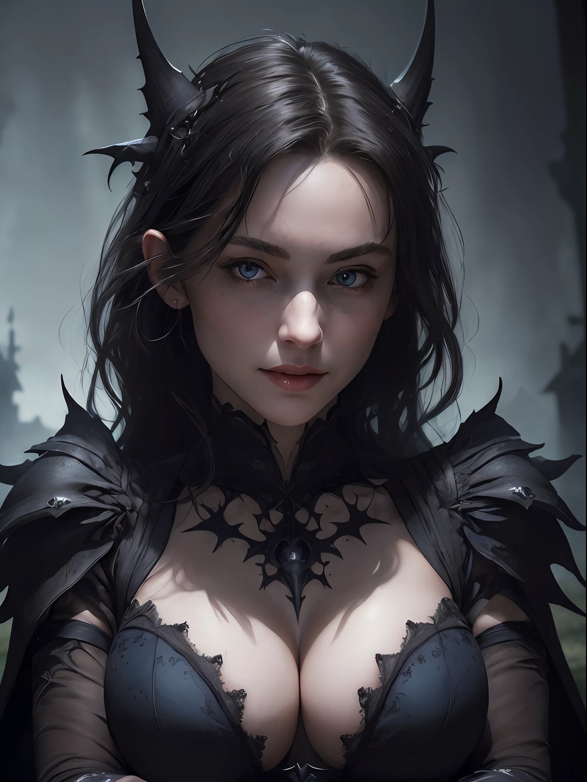 (masterpiece, best quality:1.4), (dark castle background), (breast focus), (sitting at the ground:1.2), looking at the viewer, sexy smile, 1girl, solo, (european youth:1), GothicPunkAI dress on woman, black hair, ligh blue eyes, beautiful face, highly detailed face, highly detailed skin, skin pores, subsurface scattering, realistic pupils, breast, highly detailed face, highly detailed eyes, full face blush, full lips, detailed background, depth of field, volumetric lighting, sharp focus, absurdres, realistic proportions, good anatomy, (realistic, hyperrealistic:1.4), 16k hdr,