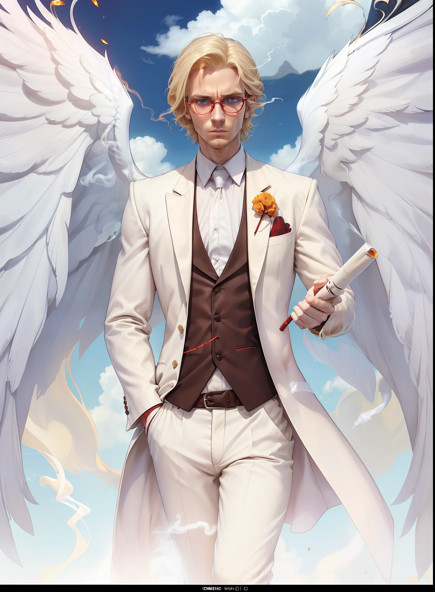 A man: (((blonde hair, hair over shoulder, furrowed brow, amber eyes, fedora, tall, pale white skin, round red lens glasses, beige suit, manly face, smoking cigarette)))), he is with four beautiful and sensual women by his side sitting on a luxurious bed, a red-haired woman, a black-skinned woman, a woman with blue Pixie hair, a fringed brunette. UHD